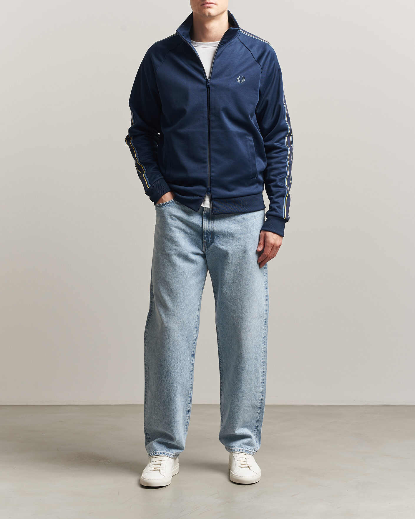 FRED PERRY ネイビー ジャンパー UK 10 Fred Perry Tramline Taped Track Jacket Tennis Blue at CareOfCarl.com
