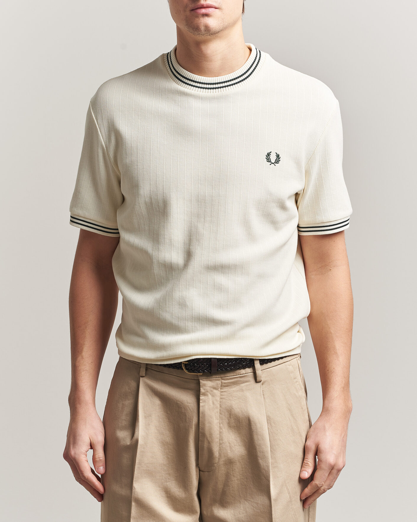 Men | T-Shirts | Fred Perry | Rib Knitted T-Shirt Ecru