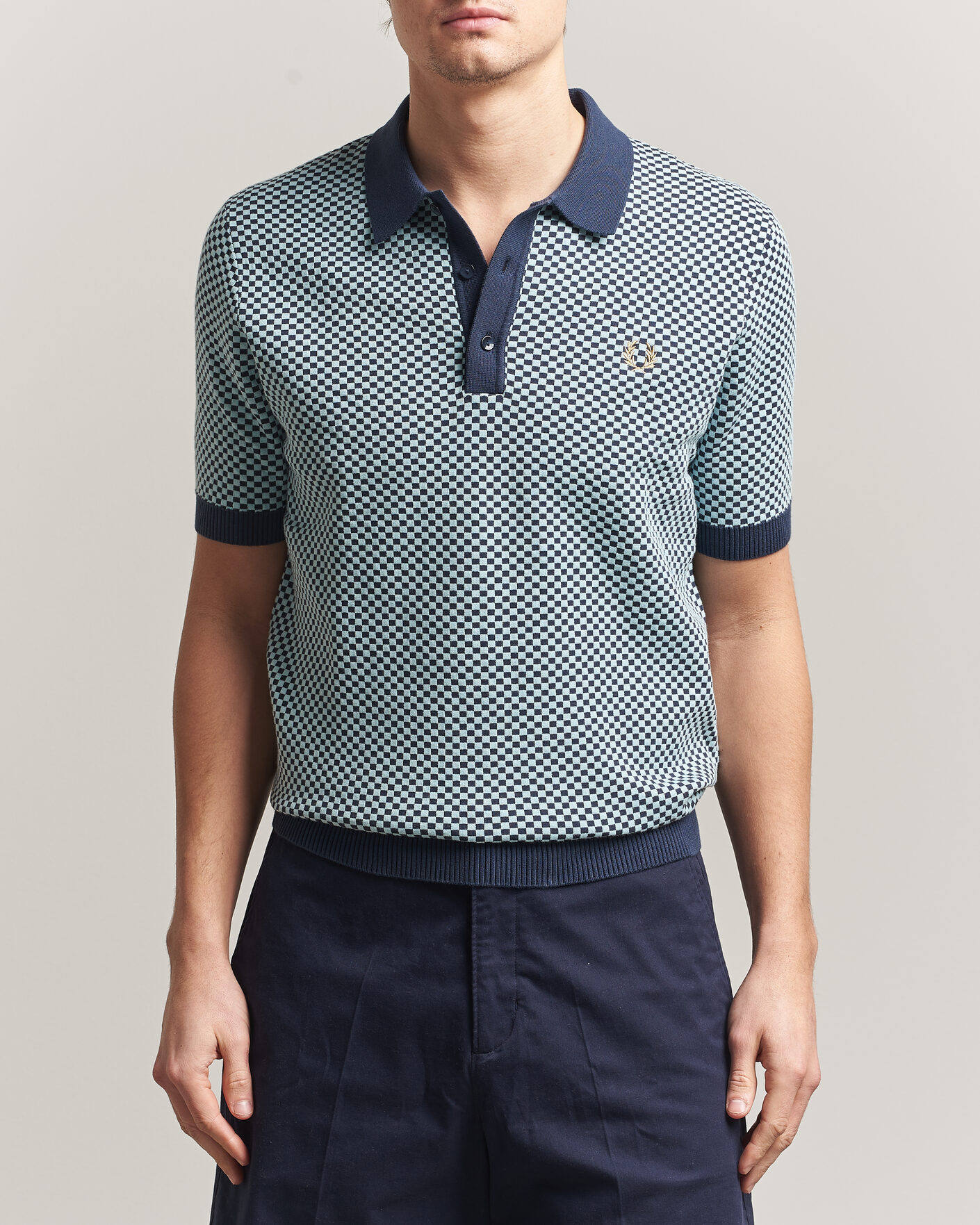 Men | Polo Shirts | Fred Perry | Checkboard Knitted Polo Dark Airforce