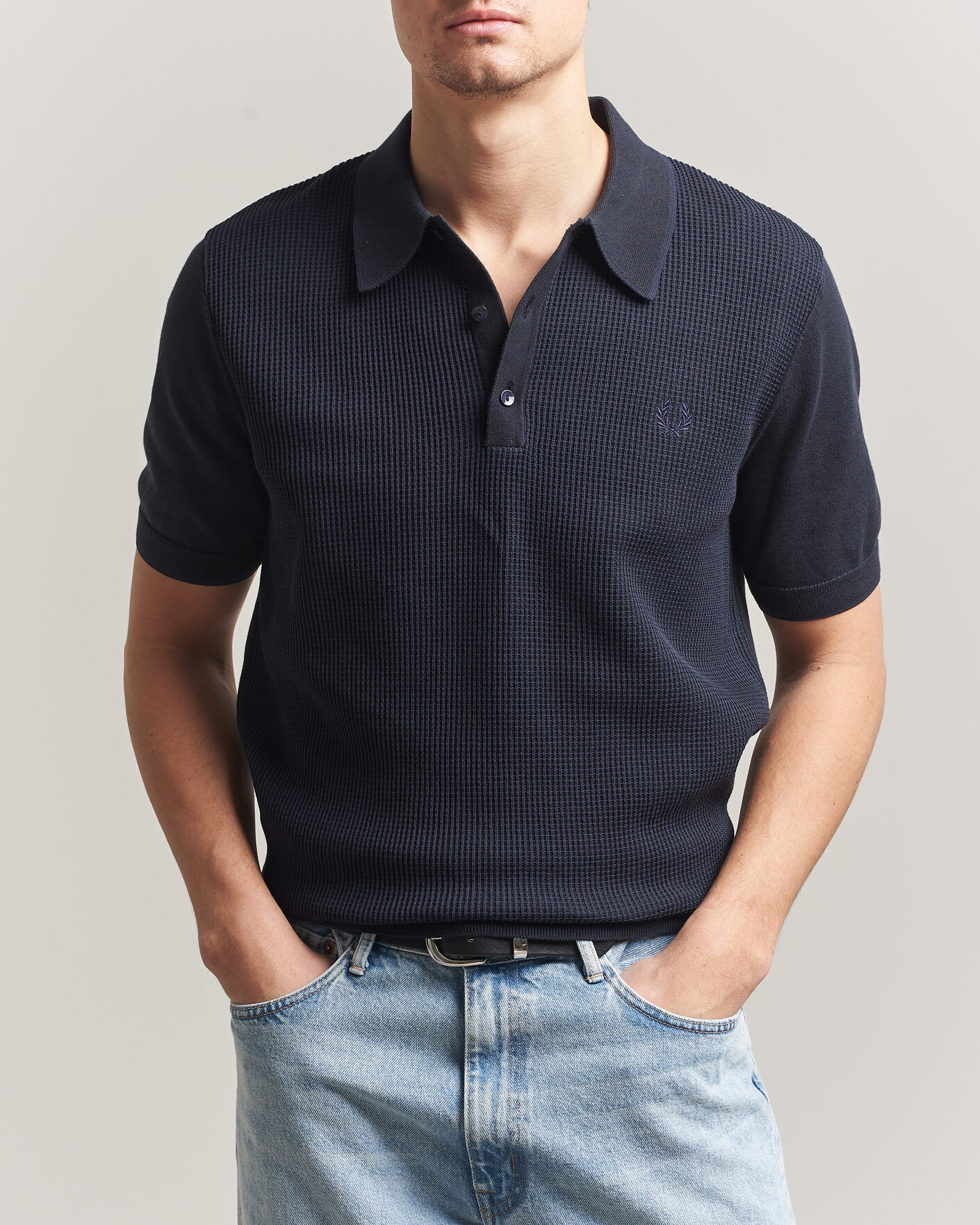 Men | Polo Shirts | Fred Perry | Waffle Knitted Polo Navy