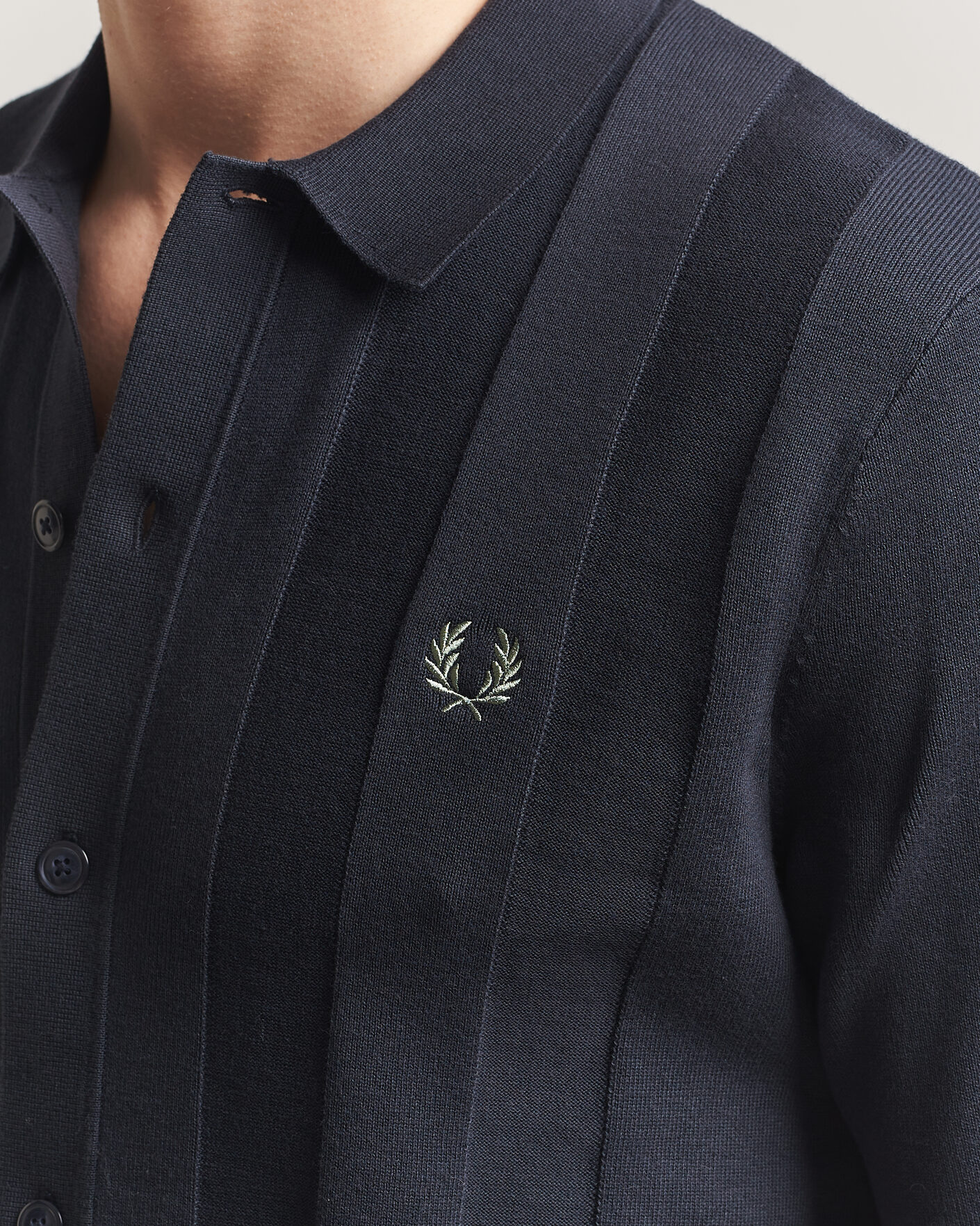 Fred Perry Tonal Vertical Striped Knitted Shirt Navy at CareOfCarl.com