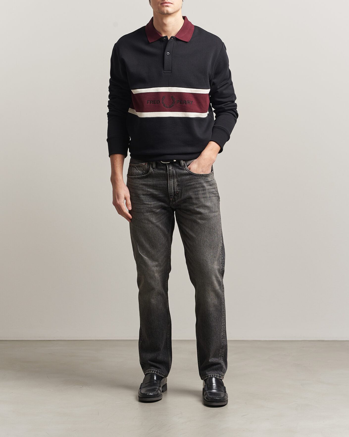 Men | Sweaters & Knitwear | Fred Perry | Embroidered Paneled Polo Sweater Black