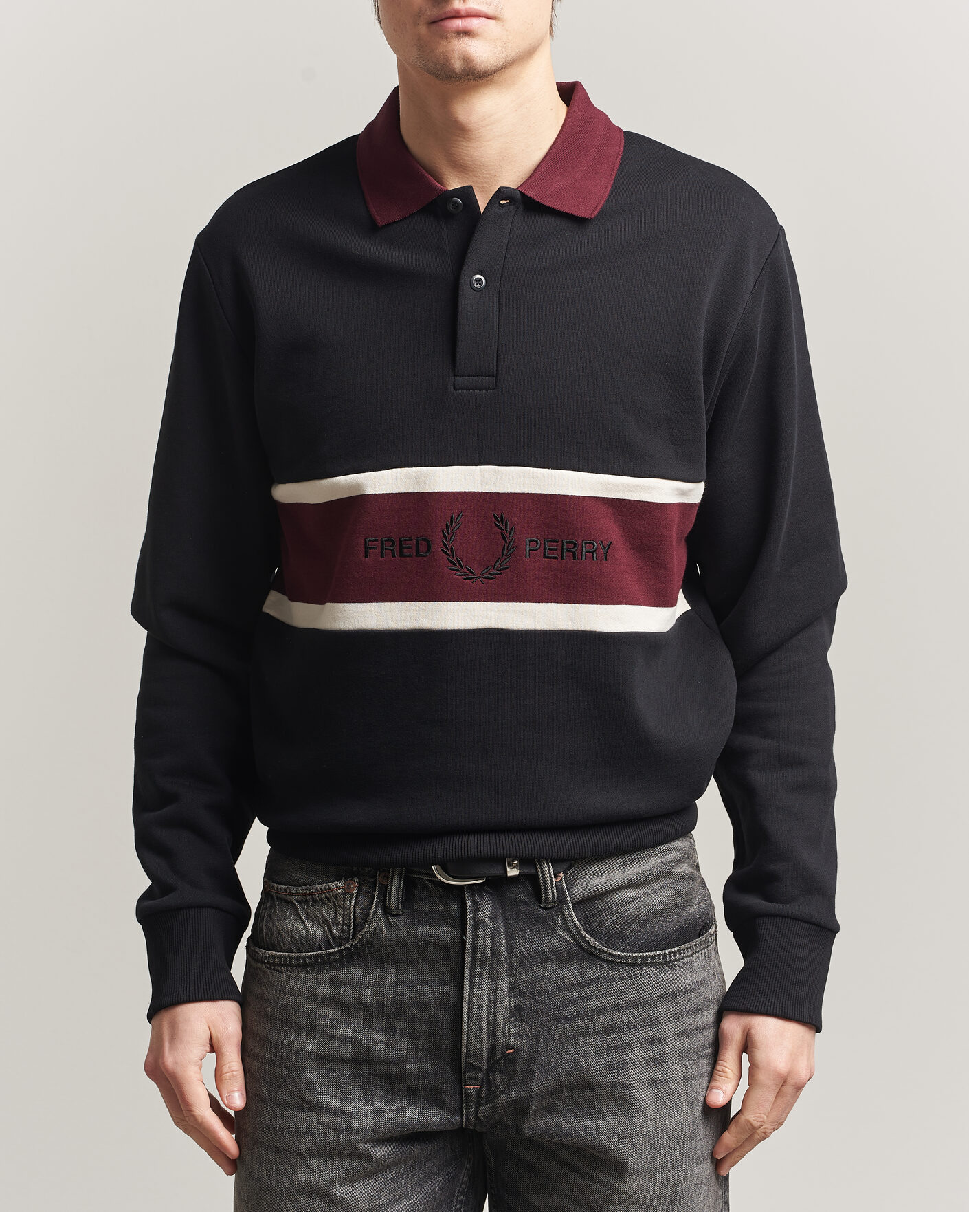 Men | Sweaters & Knitwear | Fred Perry | Embroidered Paneled Polo Sweater Black