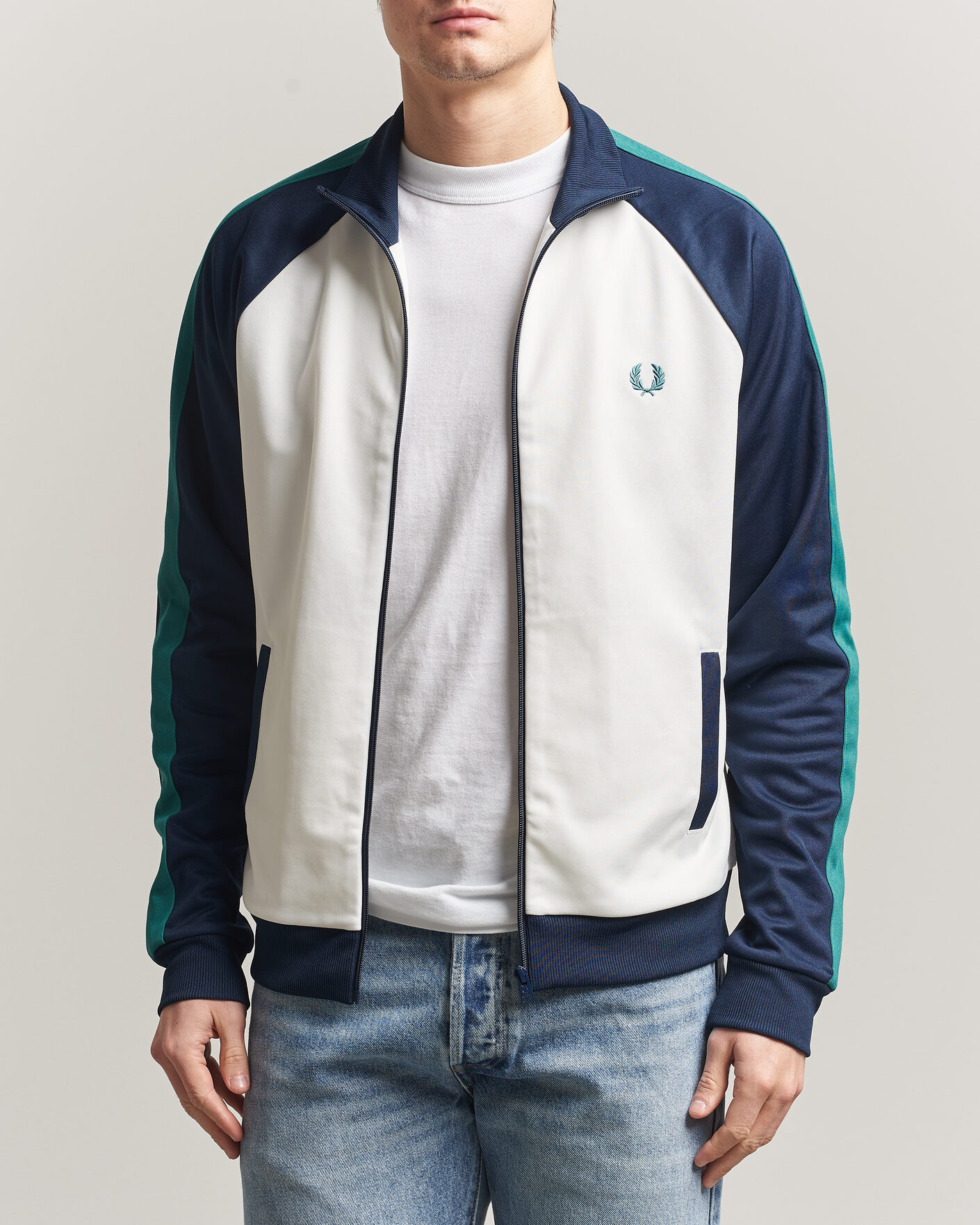 Men | Sweaters & Knitwear | Fred Perry | Contrast Sleeve Track Jacket Snow White