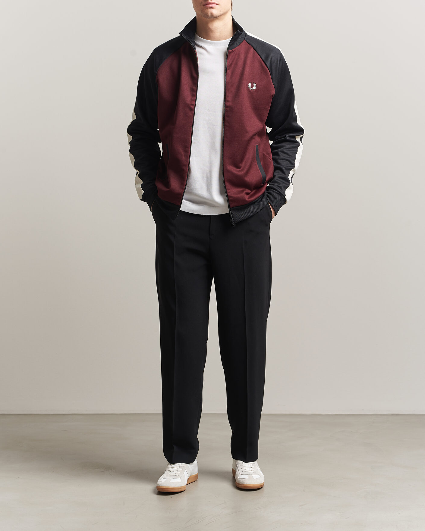 Men | Sweaters & Knitwear | Fred Perry | Contrast Sleeve Track Jacket Oxblood