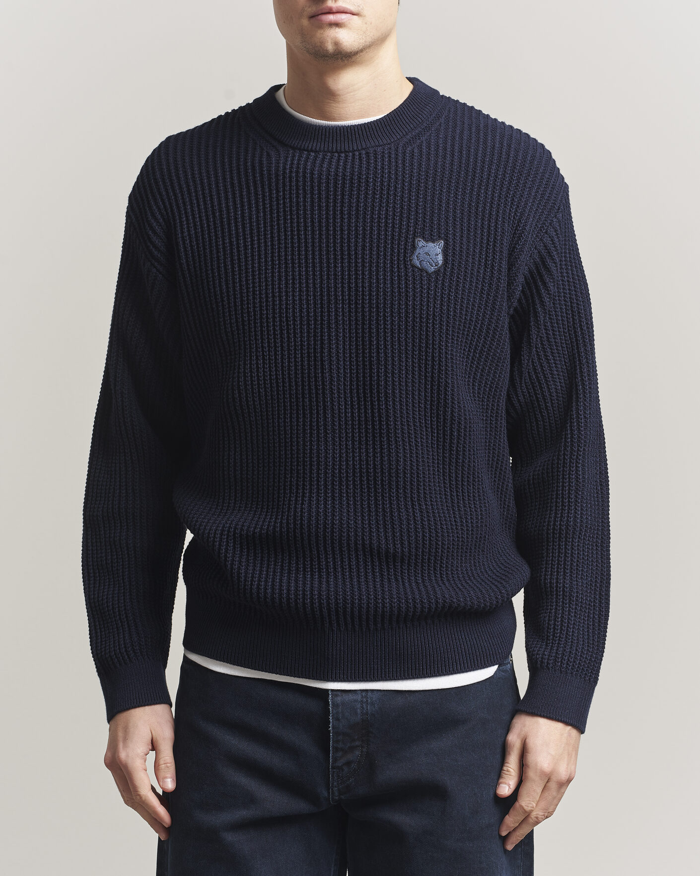 Men | Sweaters & Knitwear | Maison Kitsuné | Tonal Fox Head Rib Knitted Sweater Navy