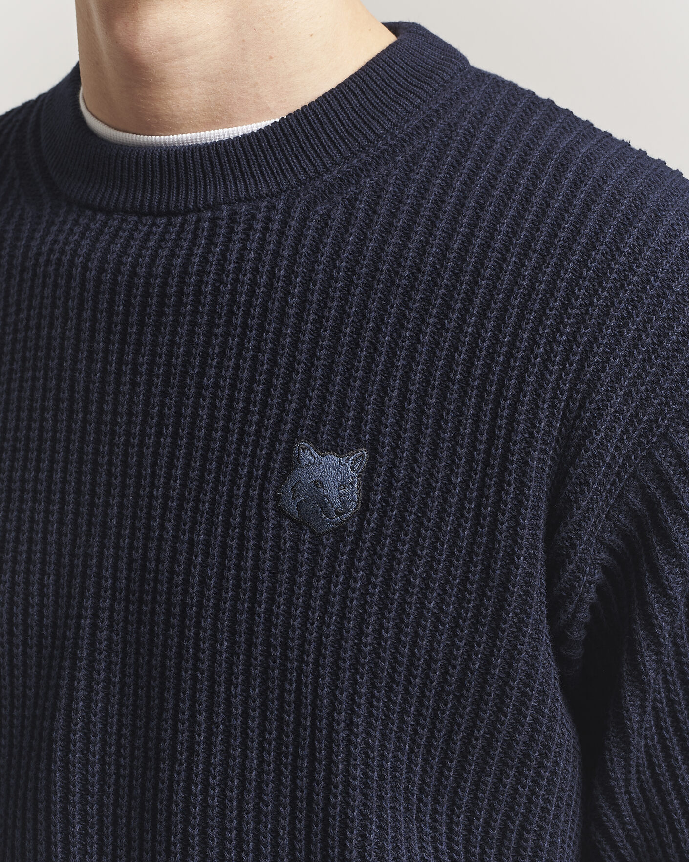 Men | Sweaters & Knitwear | Maison Kitsuné | Tonal Fox Head Rib Knitted Sweater Navy