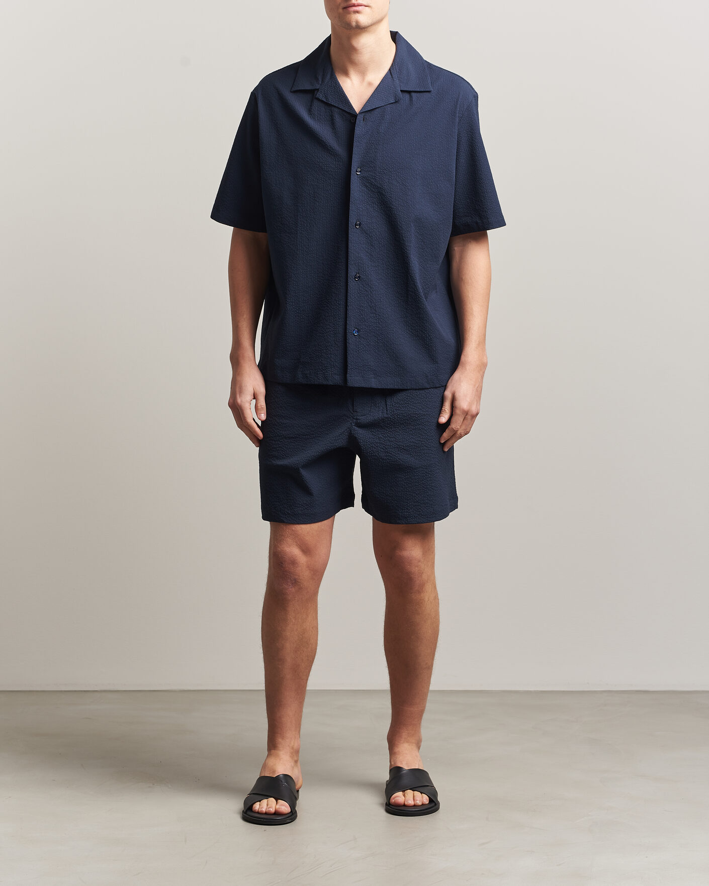 Maison Kitsuné Seersucker Drawstring Shorts Navy at CareOfCarl.com