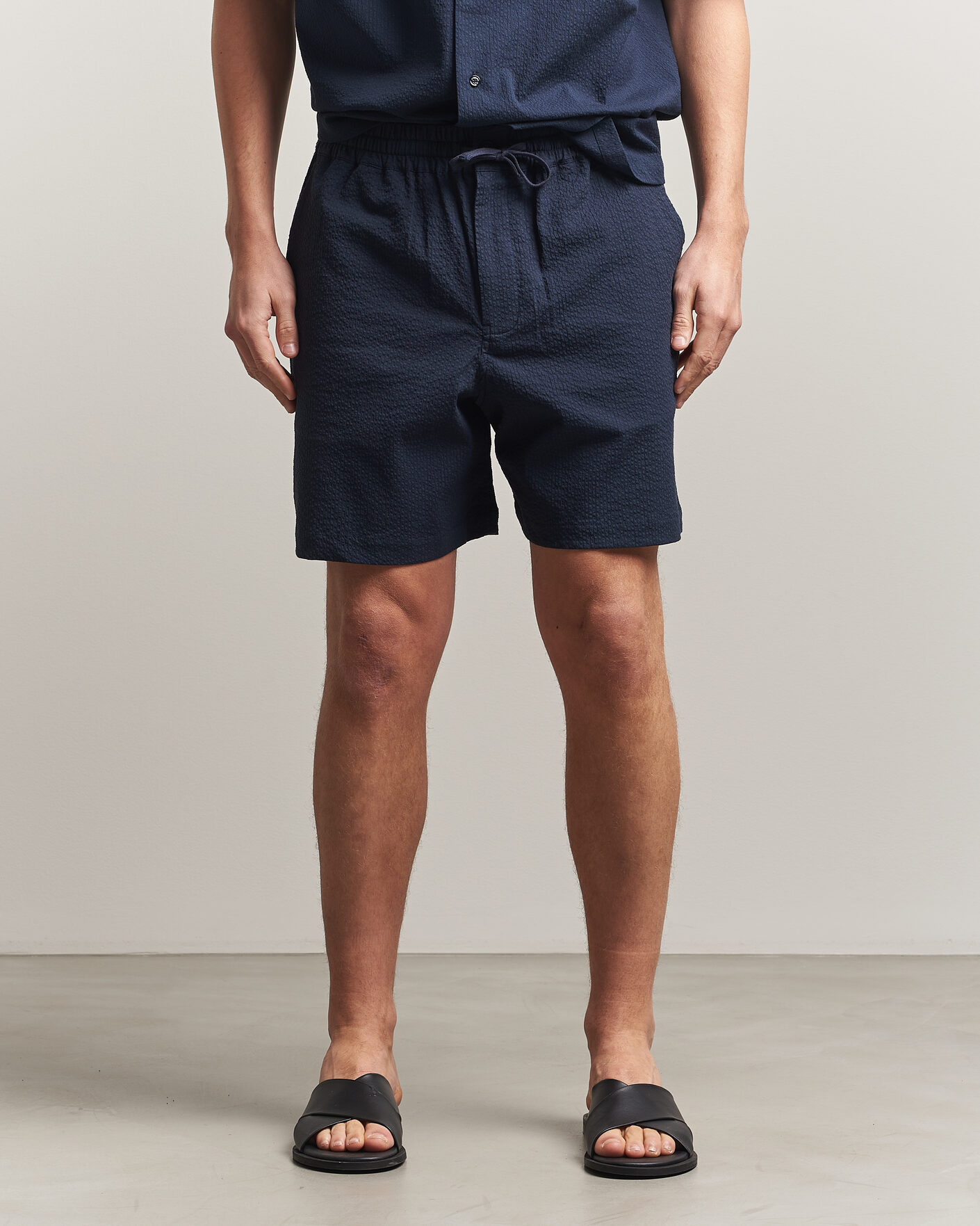 Maison Kitsuné Seersucker Drawstring Shorts Navy at CareOfCarl.com