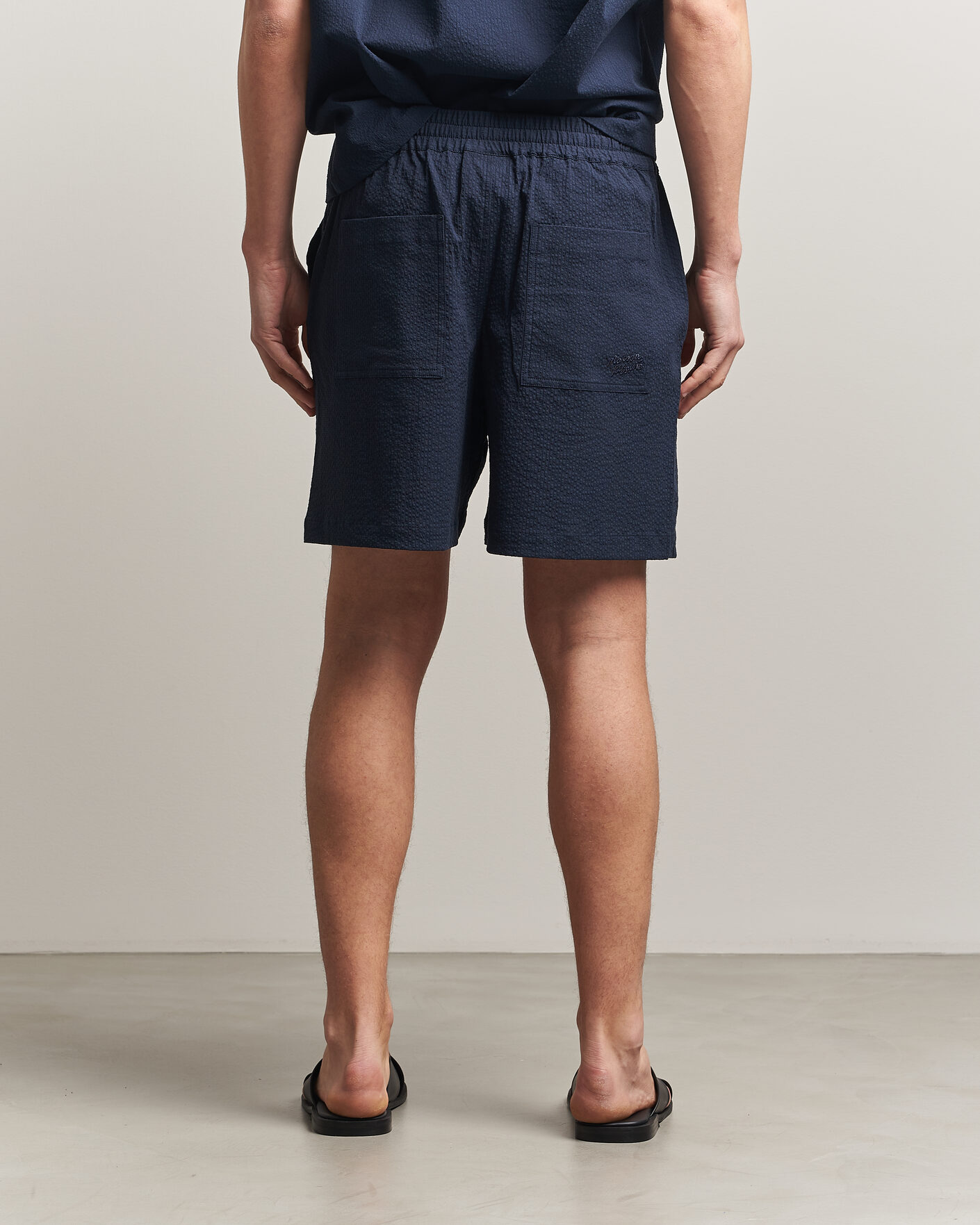 Maison Kitsuné Seersucker Drawstring Shorts Navy at CareOfCarl.com