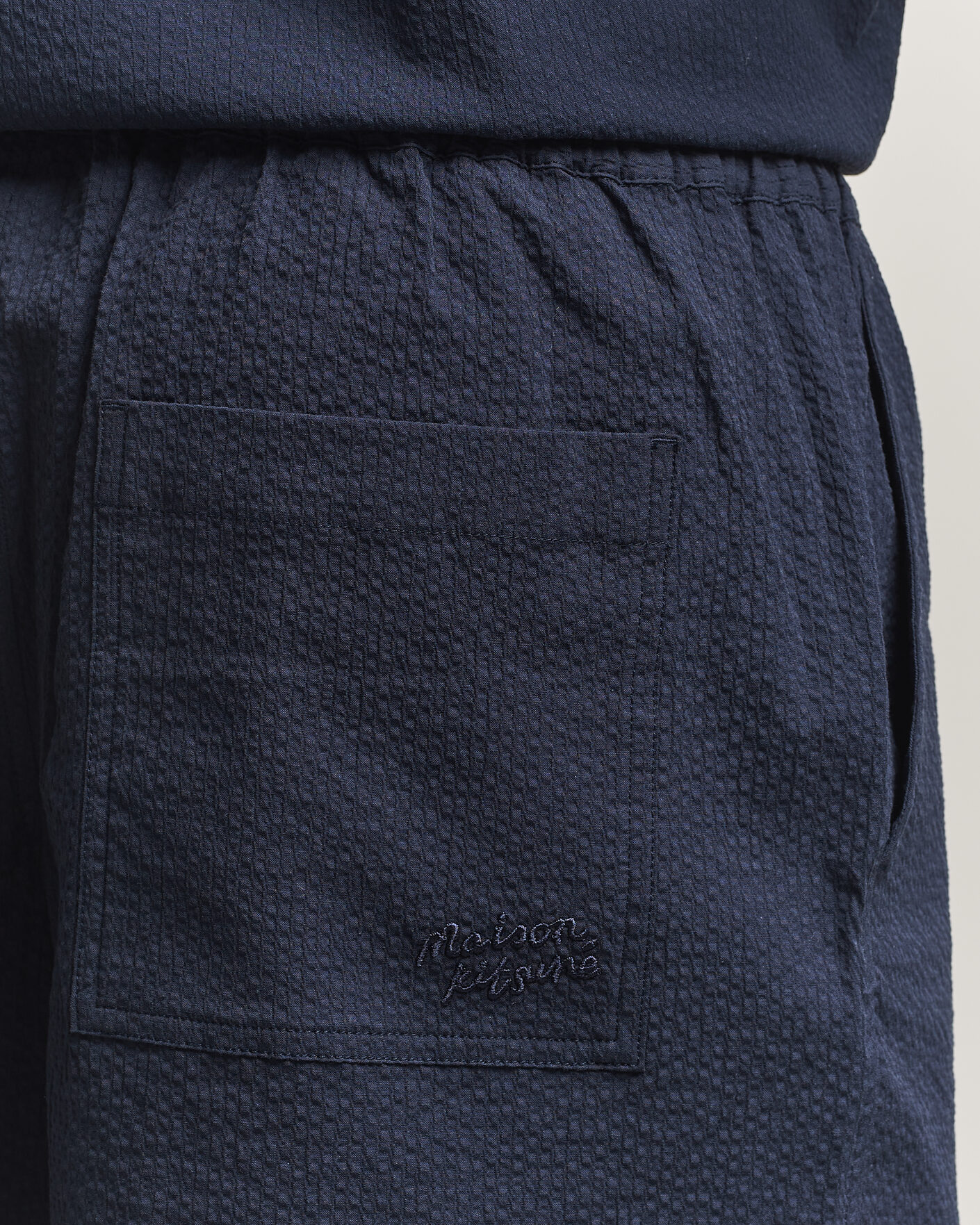Maison Kitsuné Seersucker Drawstring Shorts Navy at CareOfCarl.com