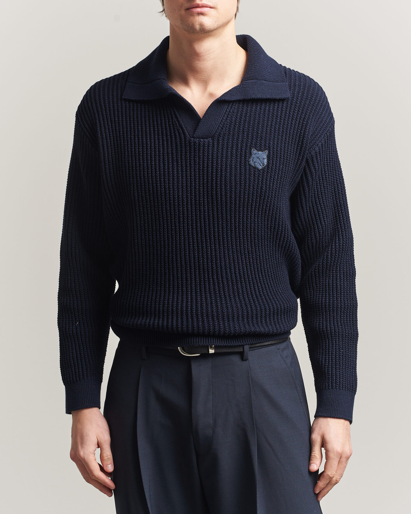 Men | Polo Shirts | Maison Kitsuné | Tonal Fox Head Rib Knitted Polo Navy