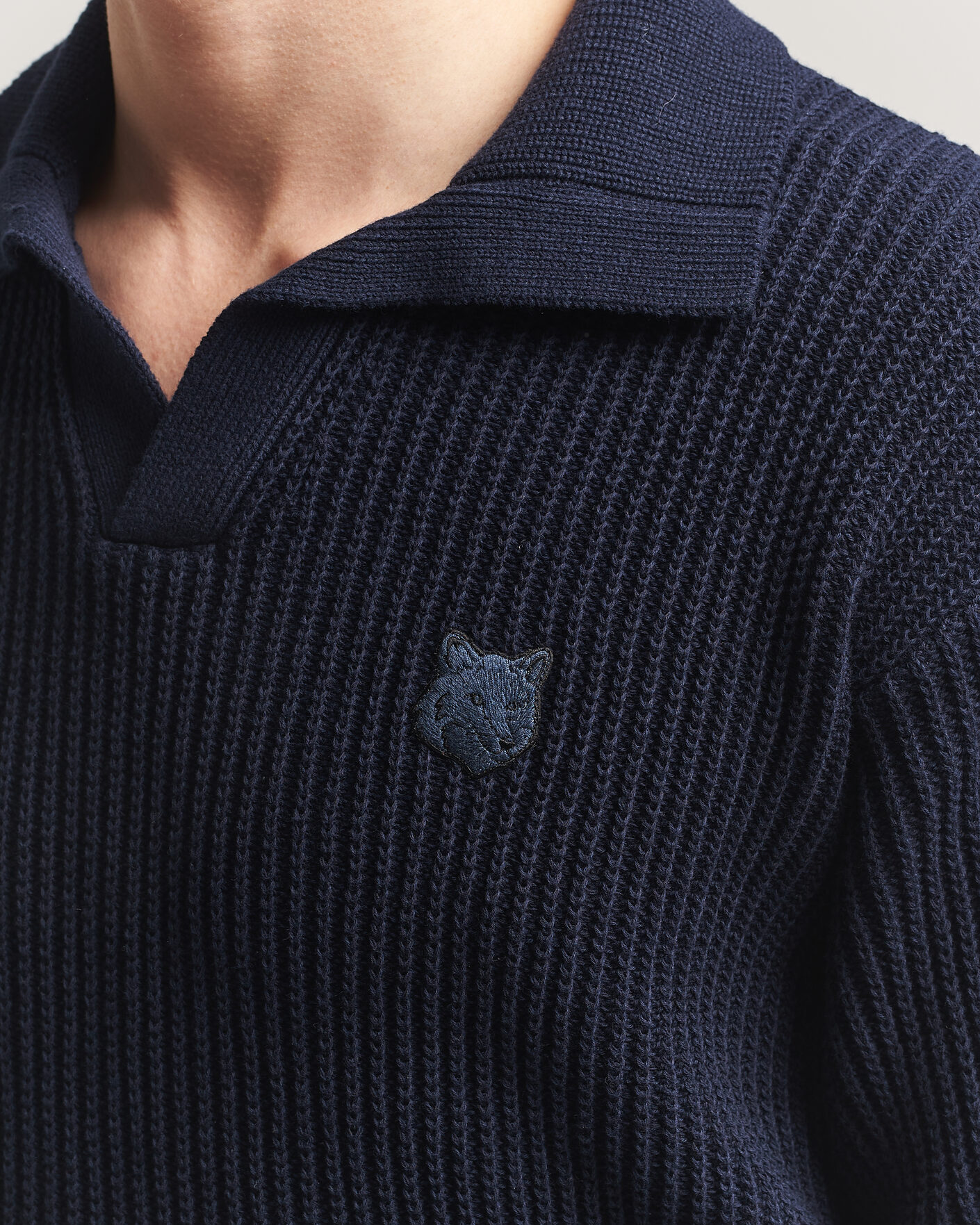 Men | Polo Shirts | Maison Kitsuné | Tonal Fox Head Rib Knitted Polo Navy