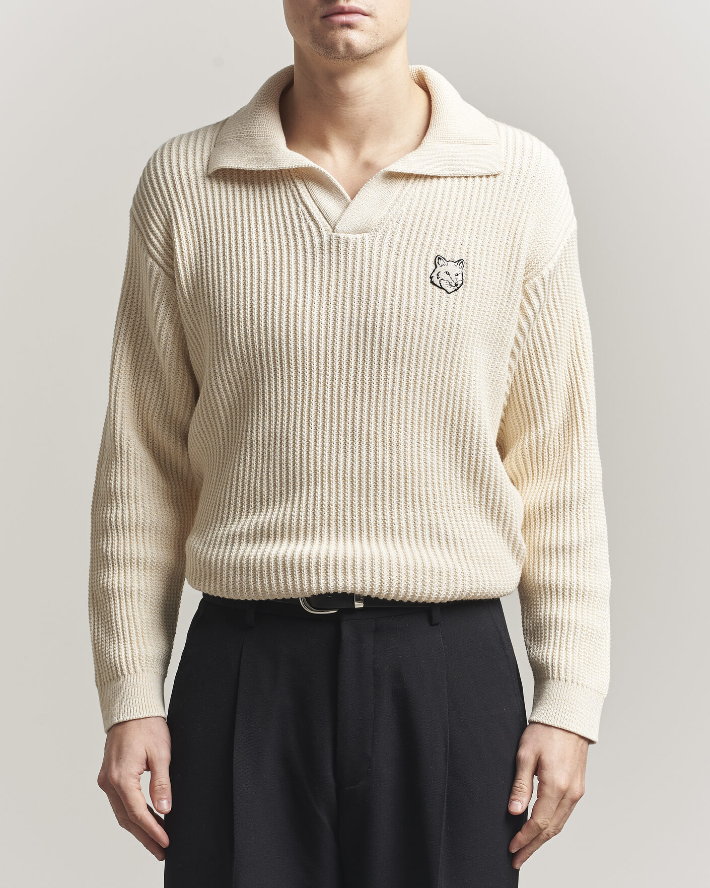 Men | Polo Shirts | Maison Kitsuné | Tonal Fox Head Rib Knitted Polo Sandshell