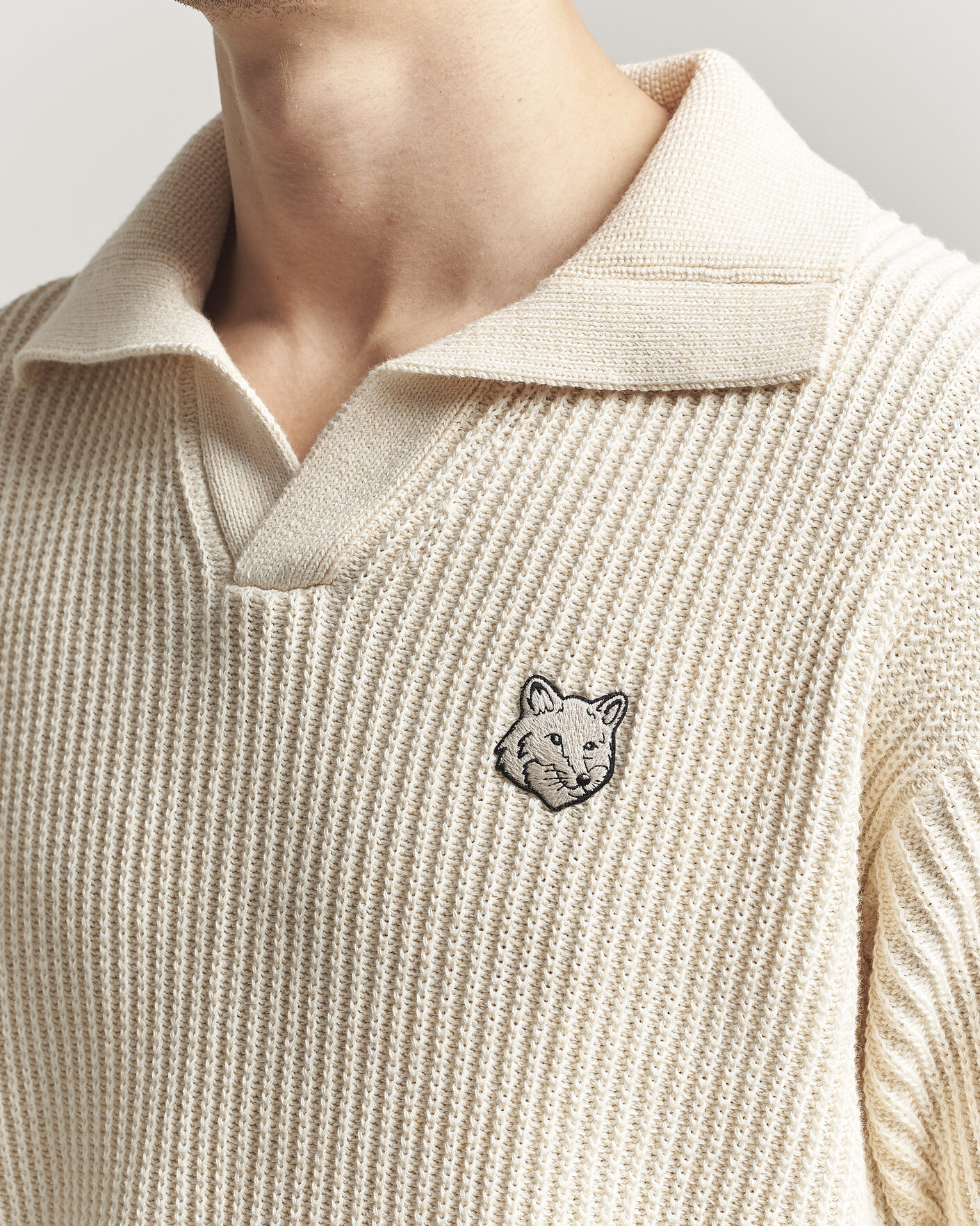 Men | Polo Shirts | Maison Kitsuné | Tonal Fox Head Rib Knitted Polo Sandshell