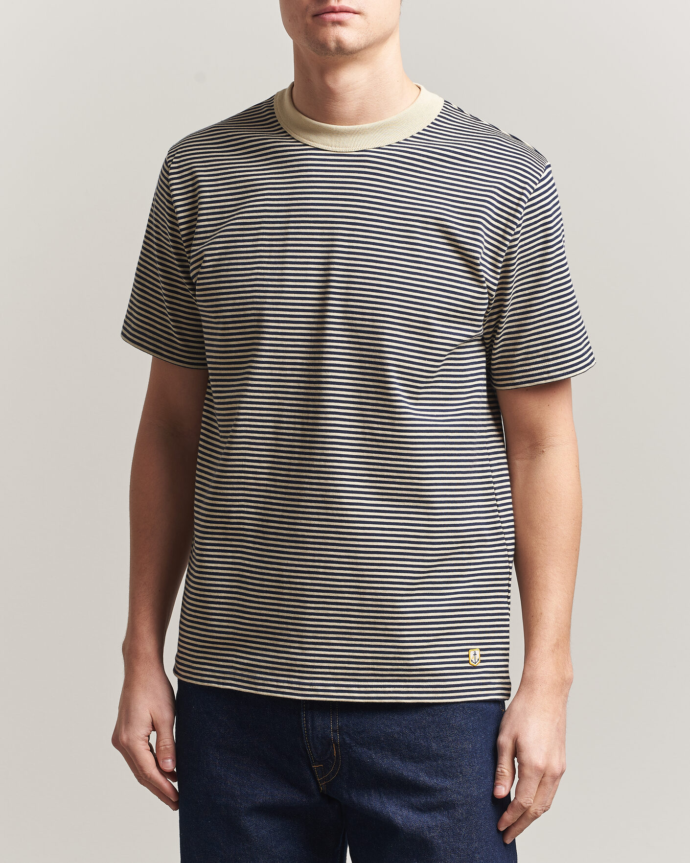 Men | T-Shirts | Armor-lux | Callac Héritage Stripe T-Shirt Gravel/Marine Deep