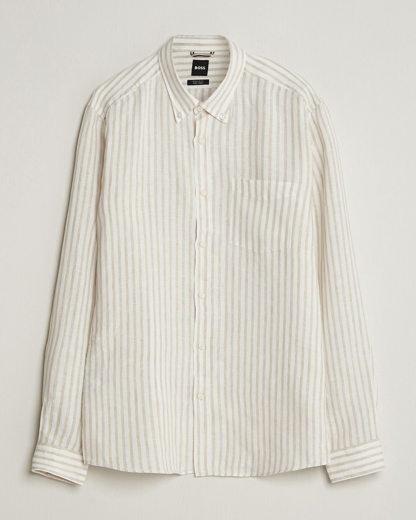 BOSS BLACK Liam Striped Linen Shirt Open Beige at CareOfCarl.com