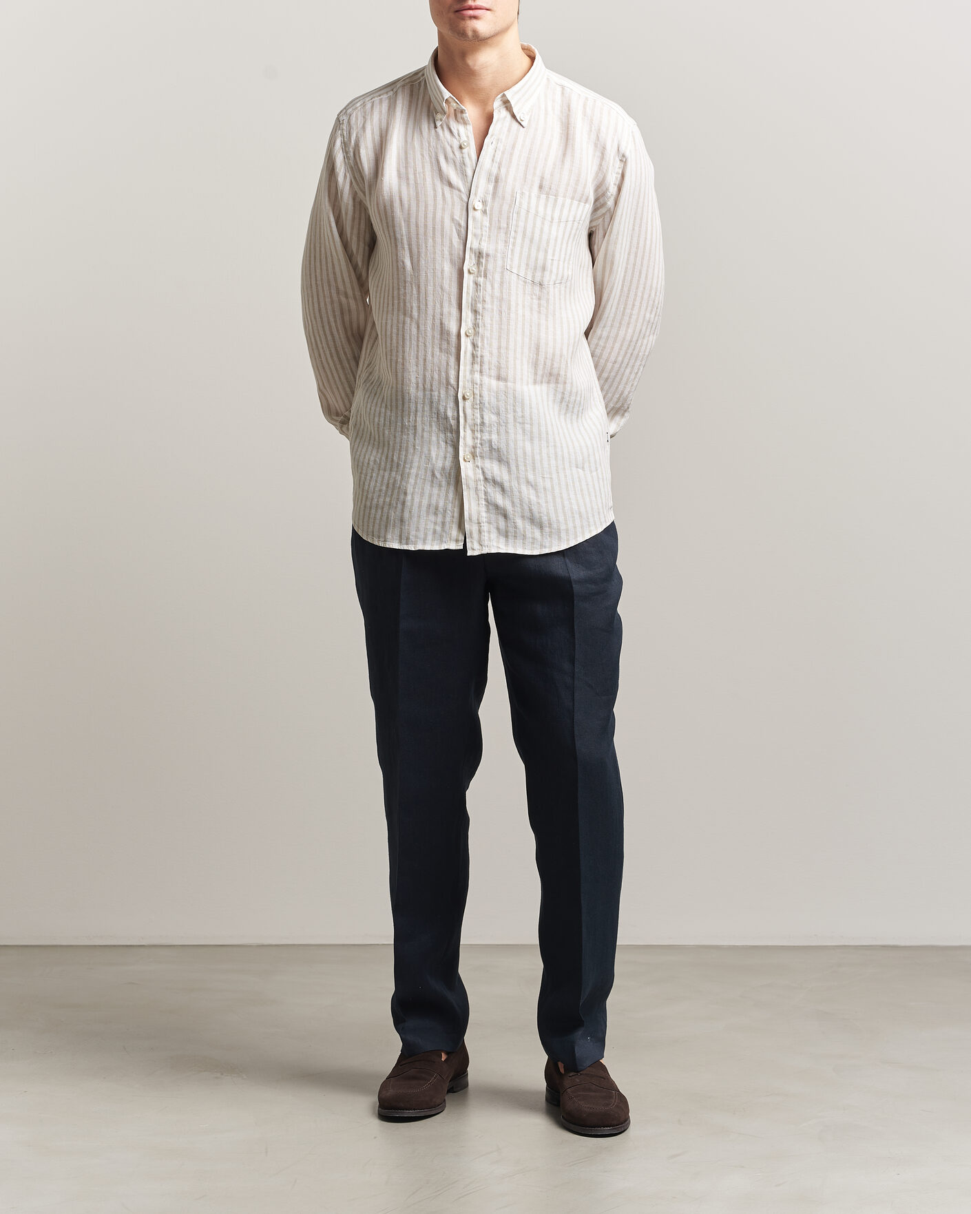 BOSS BLACK Liam Striped Linen Shirt Open Beige at CareOfCarl.com