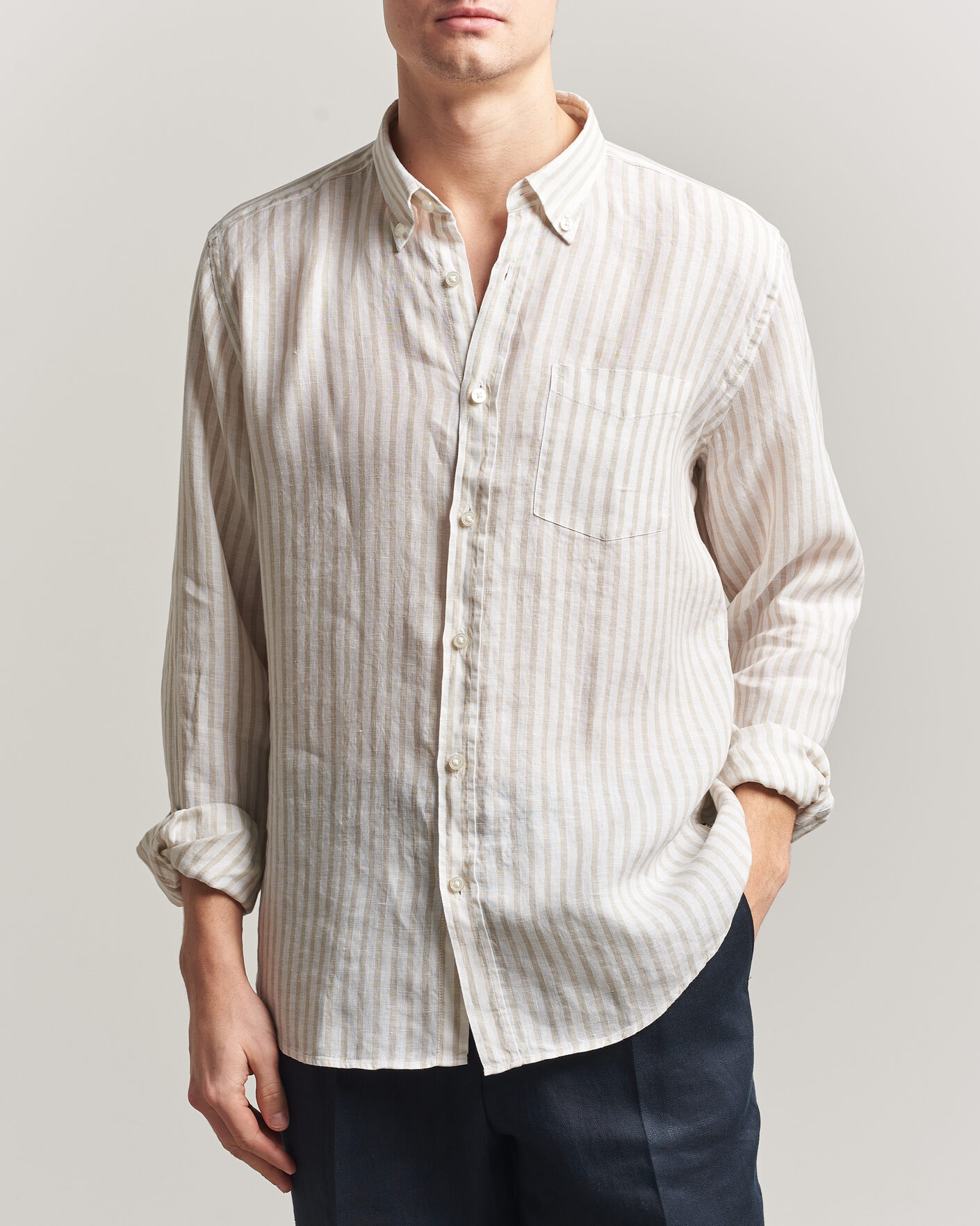 BOSS BLACK Liam Striped Linen Shirt Open Beige at CareOfCarl.com