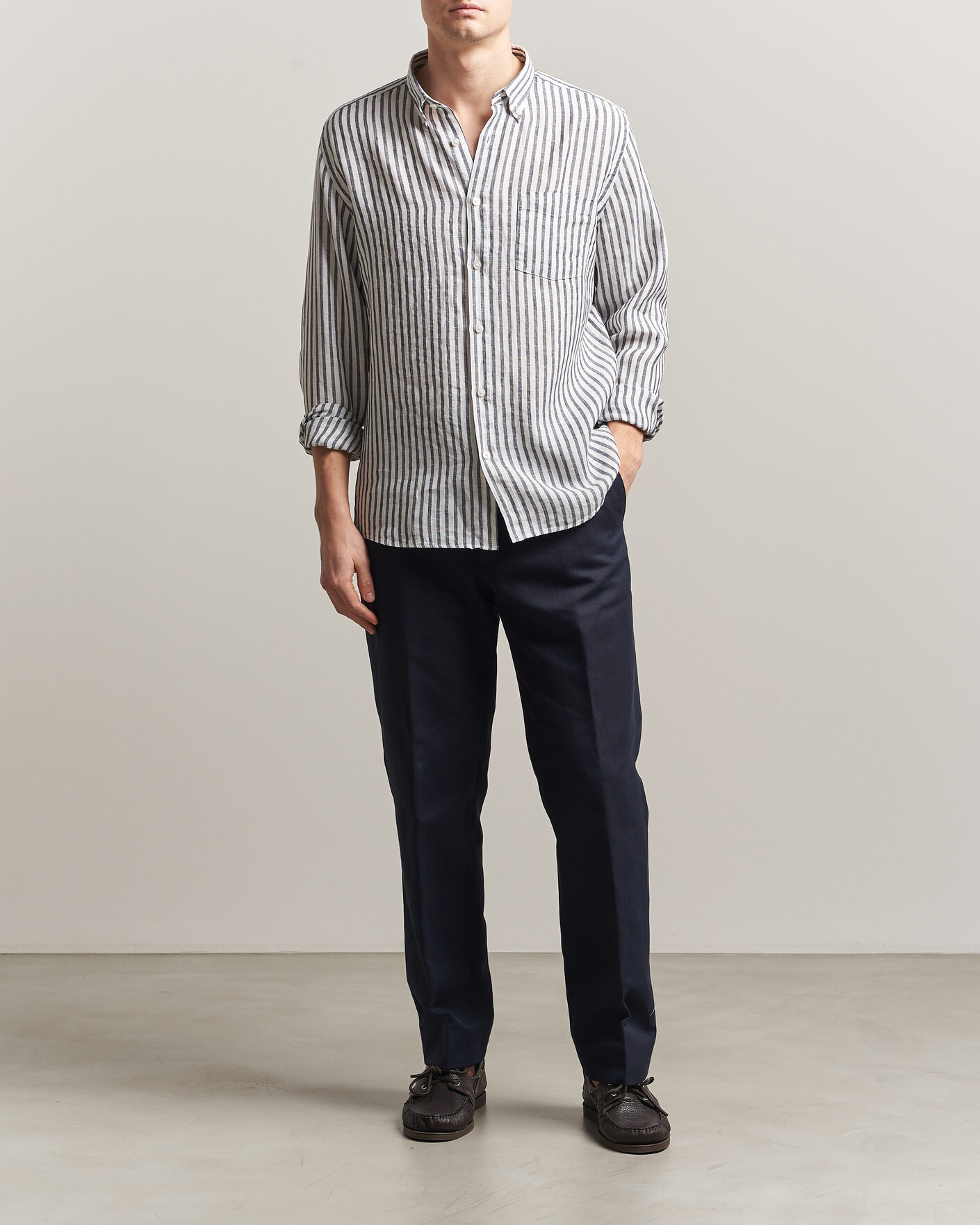 Men | Shirts | BOSS BLACK | Liam Striped Linen Shirt Dark Blue