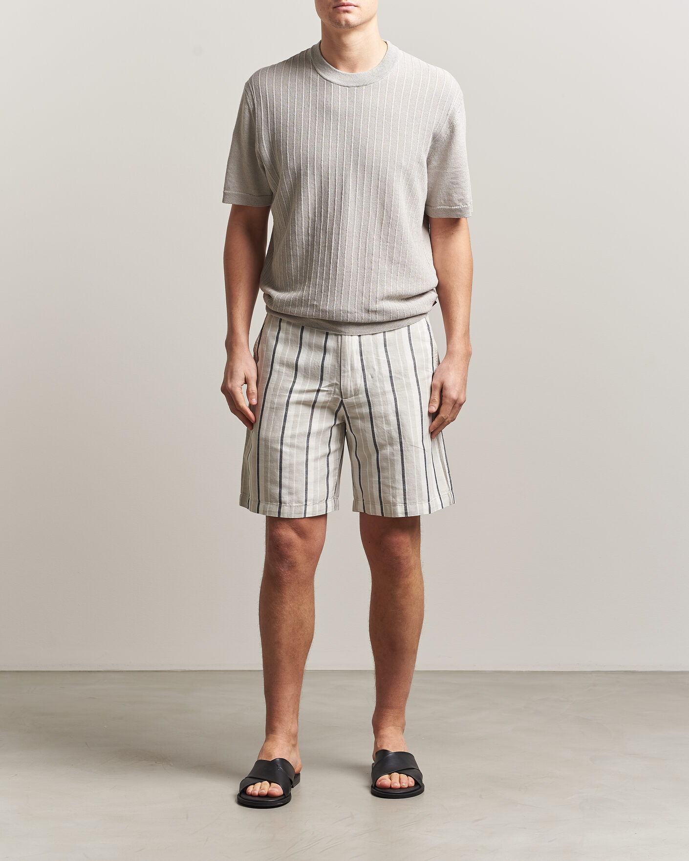 Men | Shorts | BOSS ORANGE | Linen/Cotton Striped Drawstring Shorts Open Grey