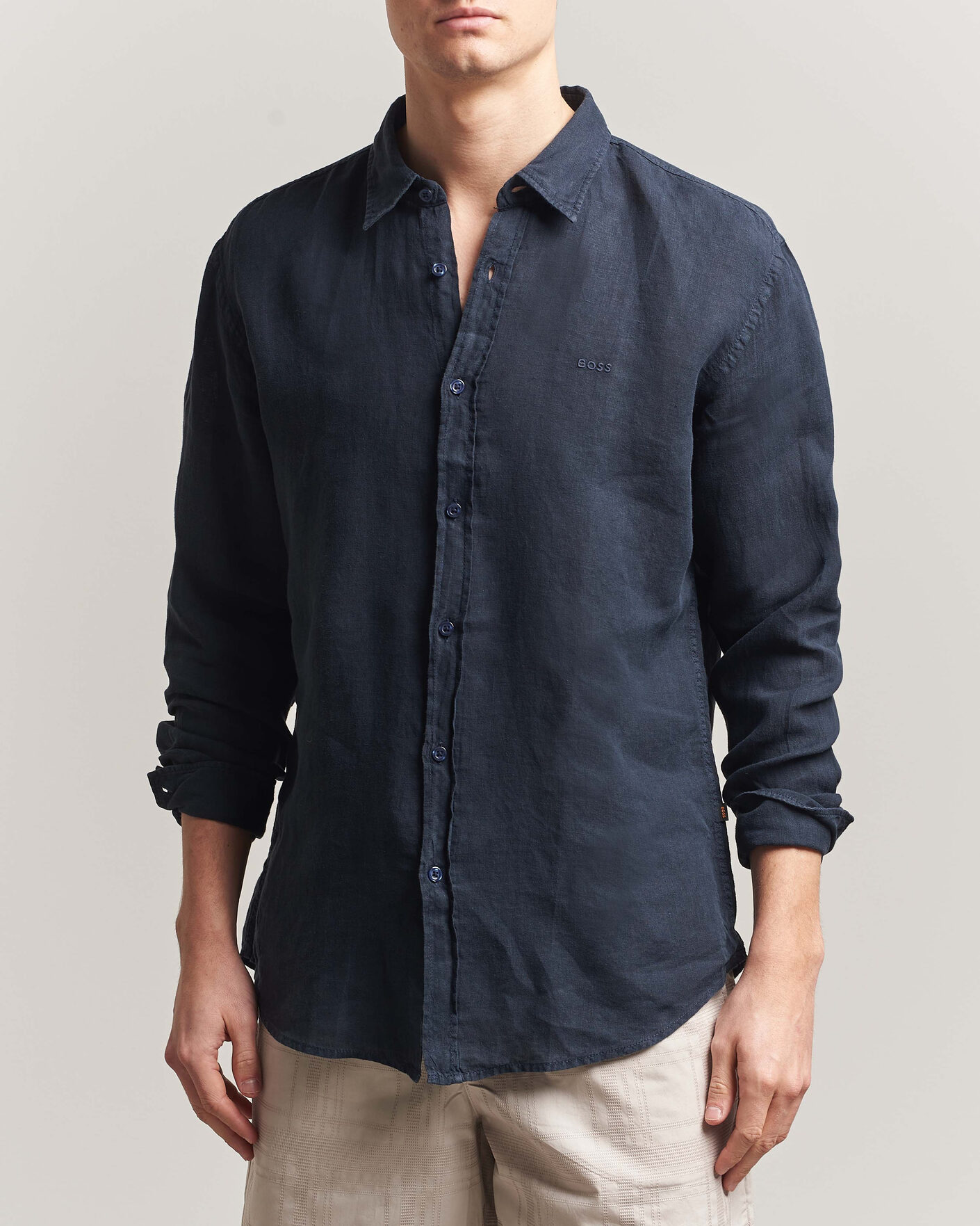 Men | Shirts | BOSS ORANGE | Relegant Linen Shirt Dark Blue