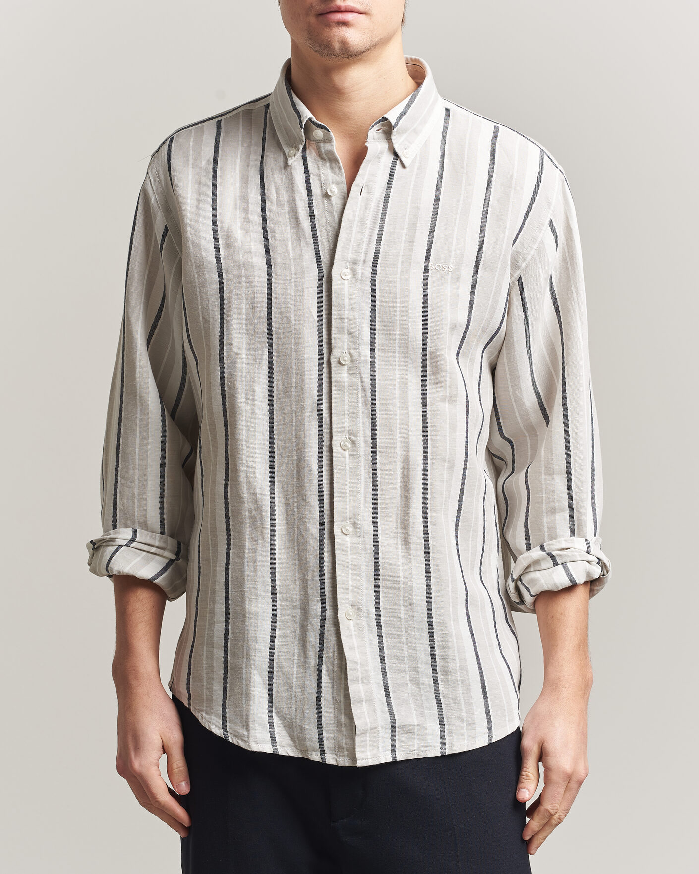 Men | Shirts | BOSS ORANGE | Ricoplus Linen/Cotton Striped Shirt Beige