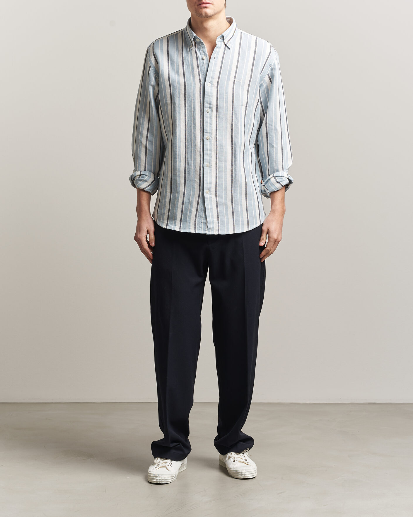 Men | Shirts | BOSS ORANGE | Ricoplus Linen/Cotton Striped Shirt Light Blue