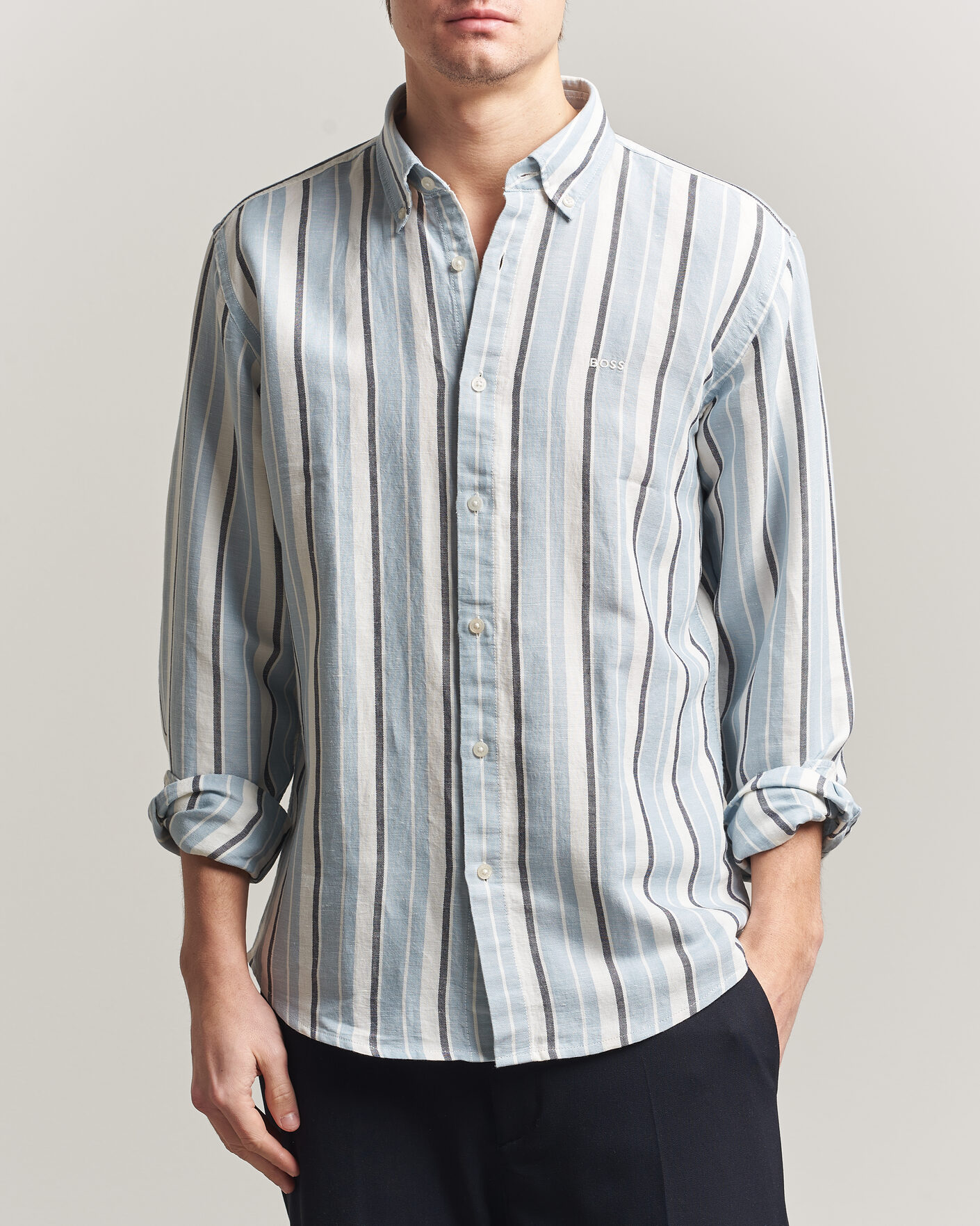 Men | Shirts | BOSS ORANGE | Ricoplus Linen/Cotton Striped Shirt Light Blue
