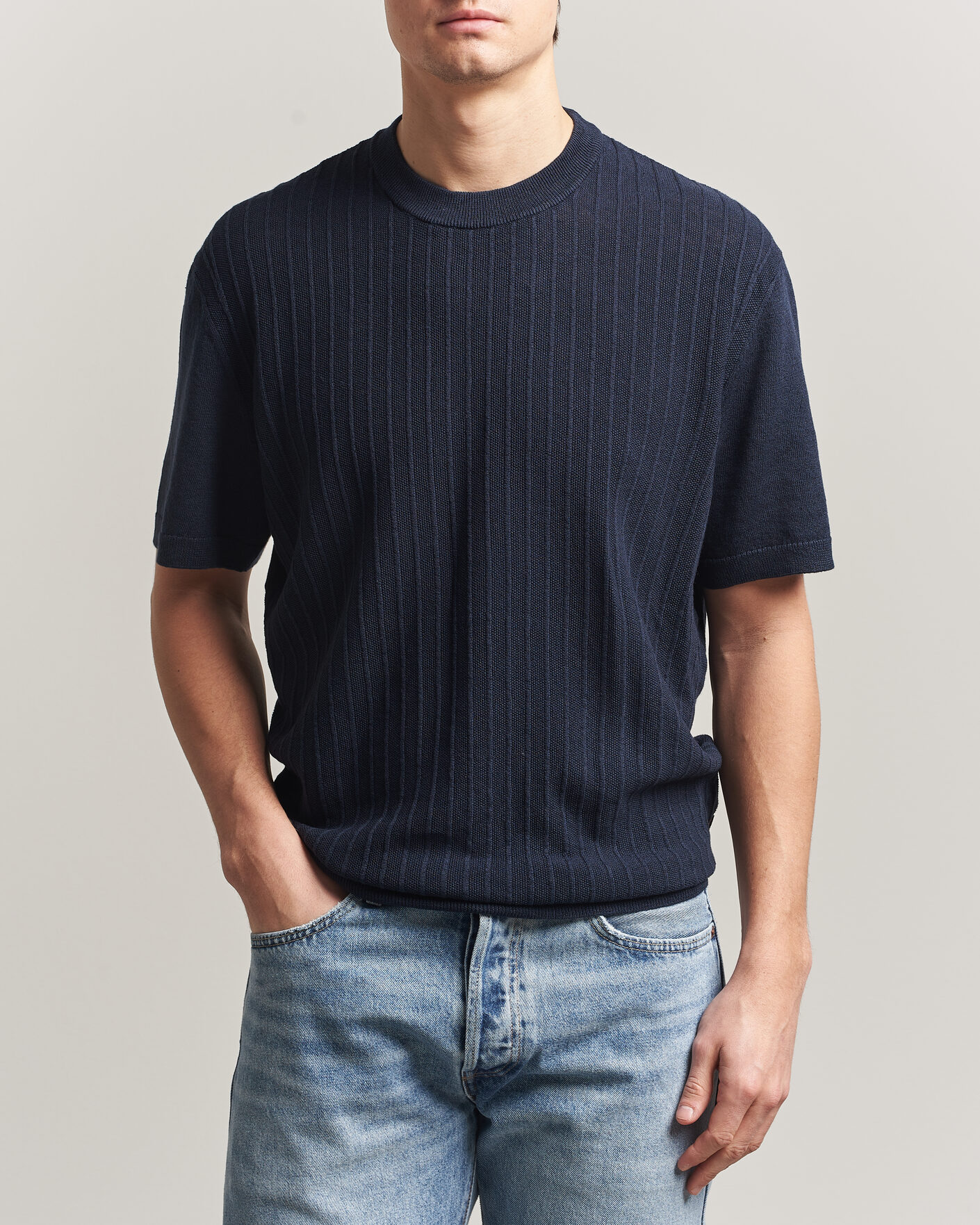 Men | T-Shirts | BOSS ORANGE | Kajordino Linen/Cotton Knitted T-Shirt Dark Blue