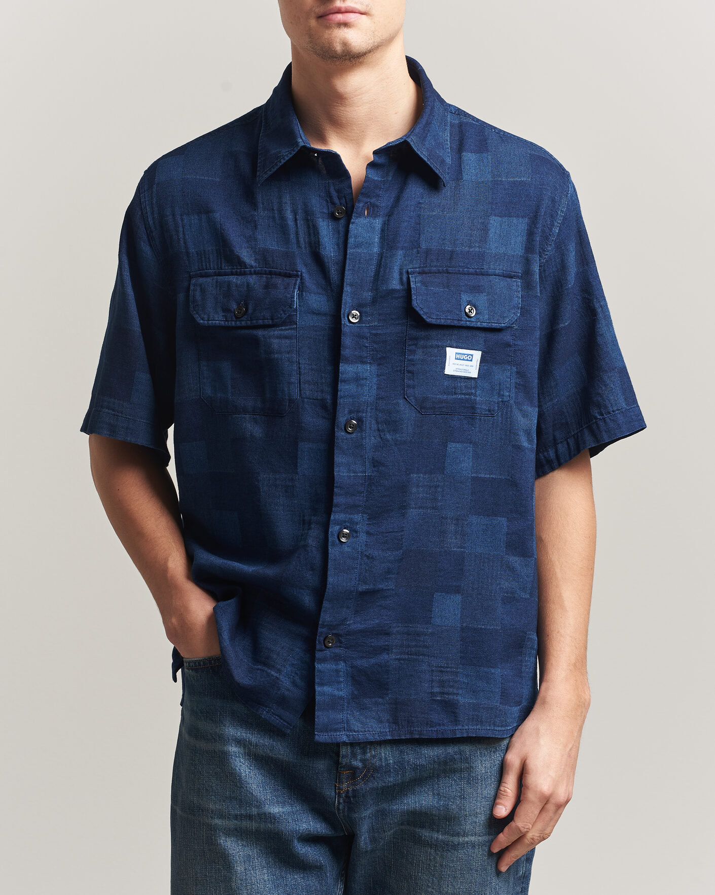 Men | Shirts | HUGO | Ekyno Workwear Short Sleeve Shirt Dark Blue