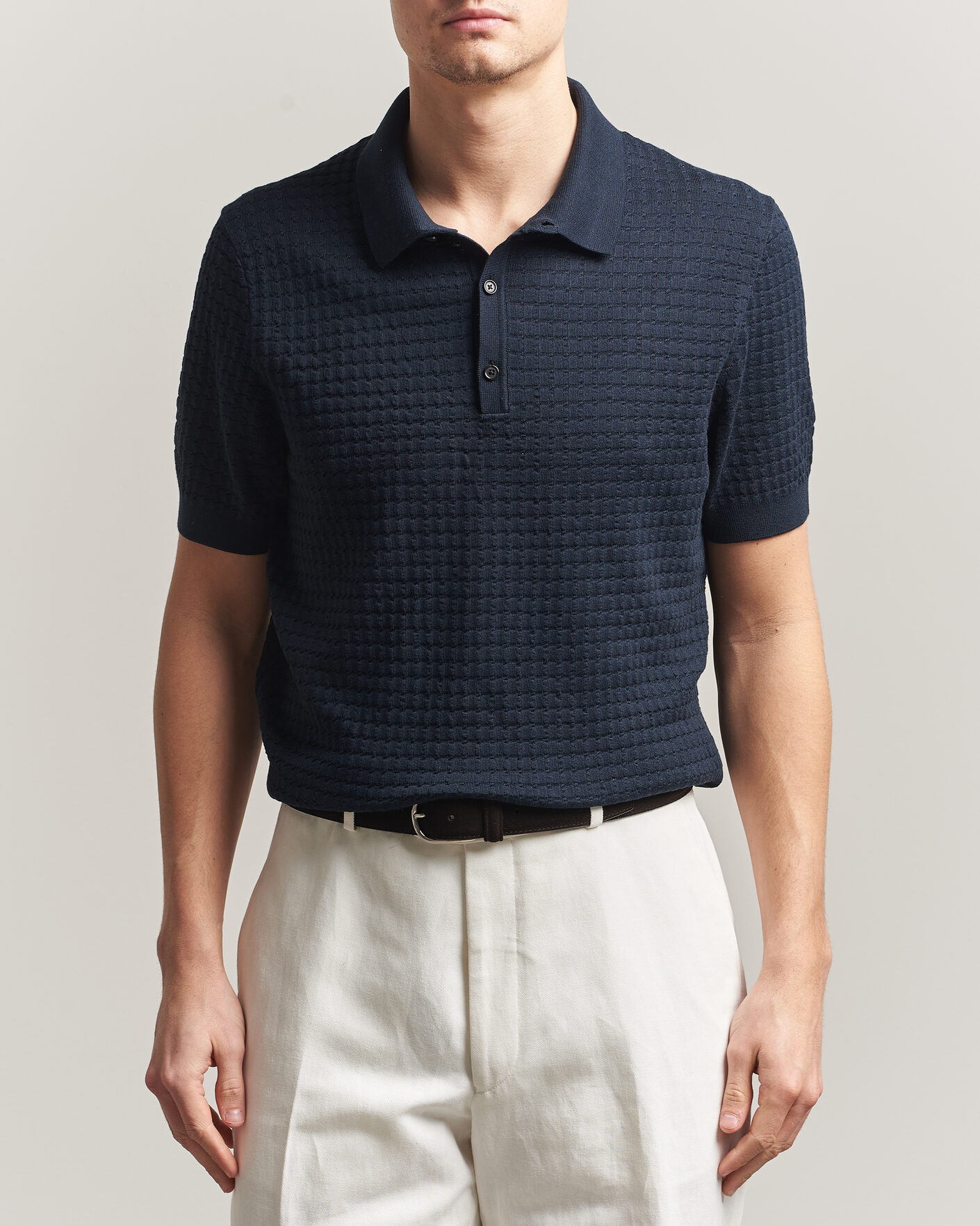 BOSS CAMEL Nadalione Silk/Cotton Knitted Polo Dark Blue at