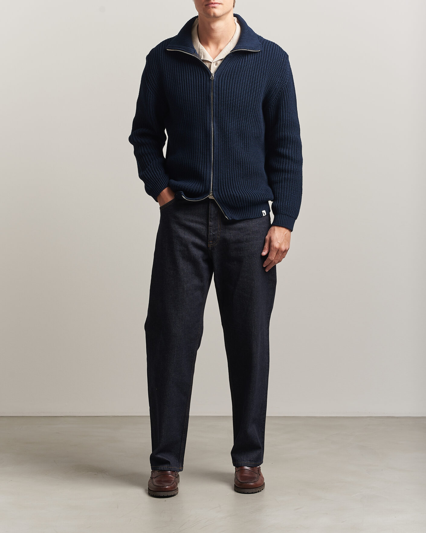 Men | Sweaters & Knitwear | Peregrine | River Cotton Zip Cardigan Navy