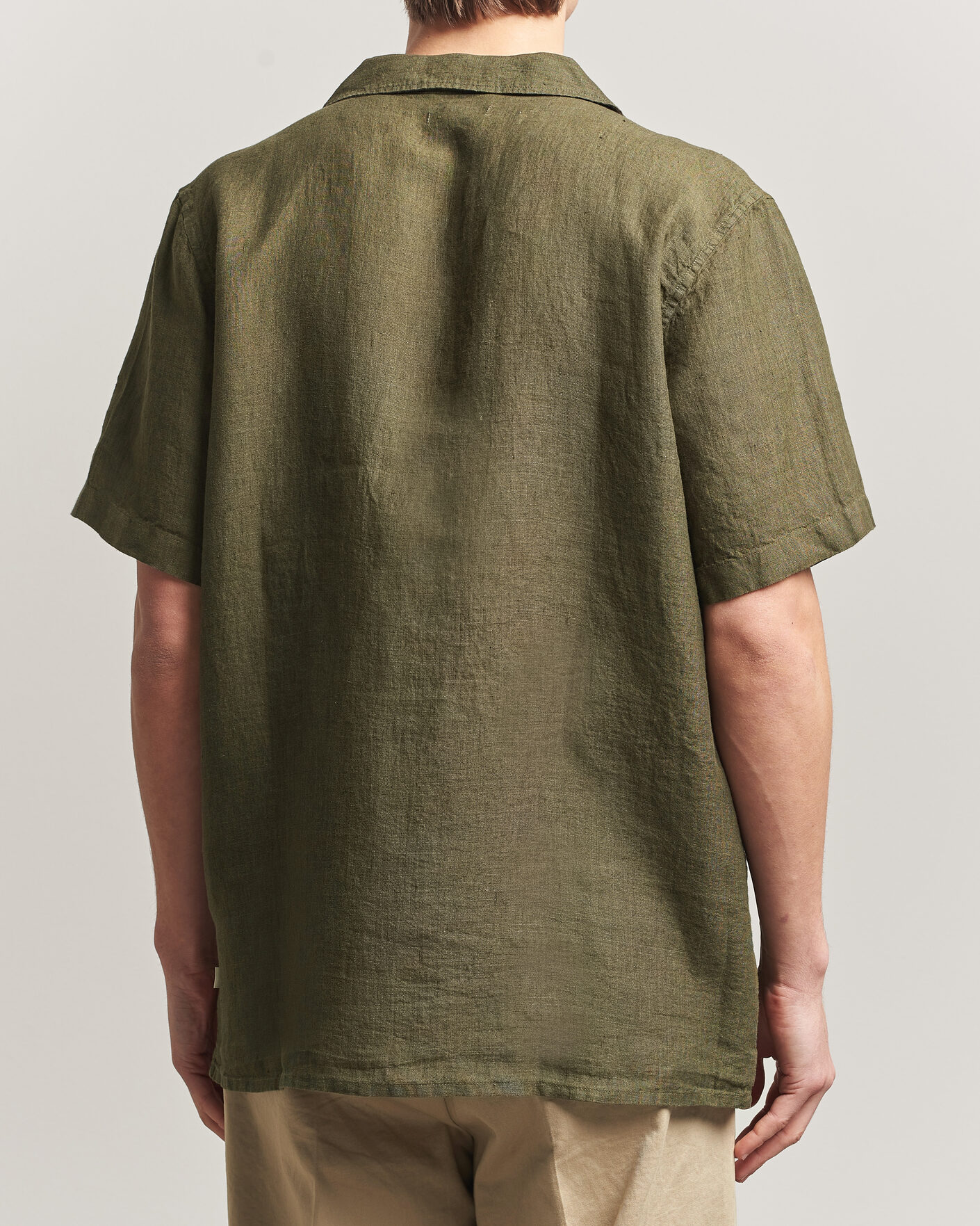 Men | Shirts | KnowledgeCotton Apparel | Short Sleeve Linen Resort Shirt Burnt Olive