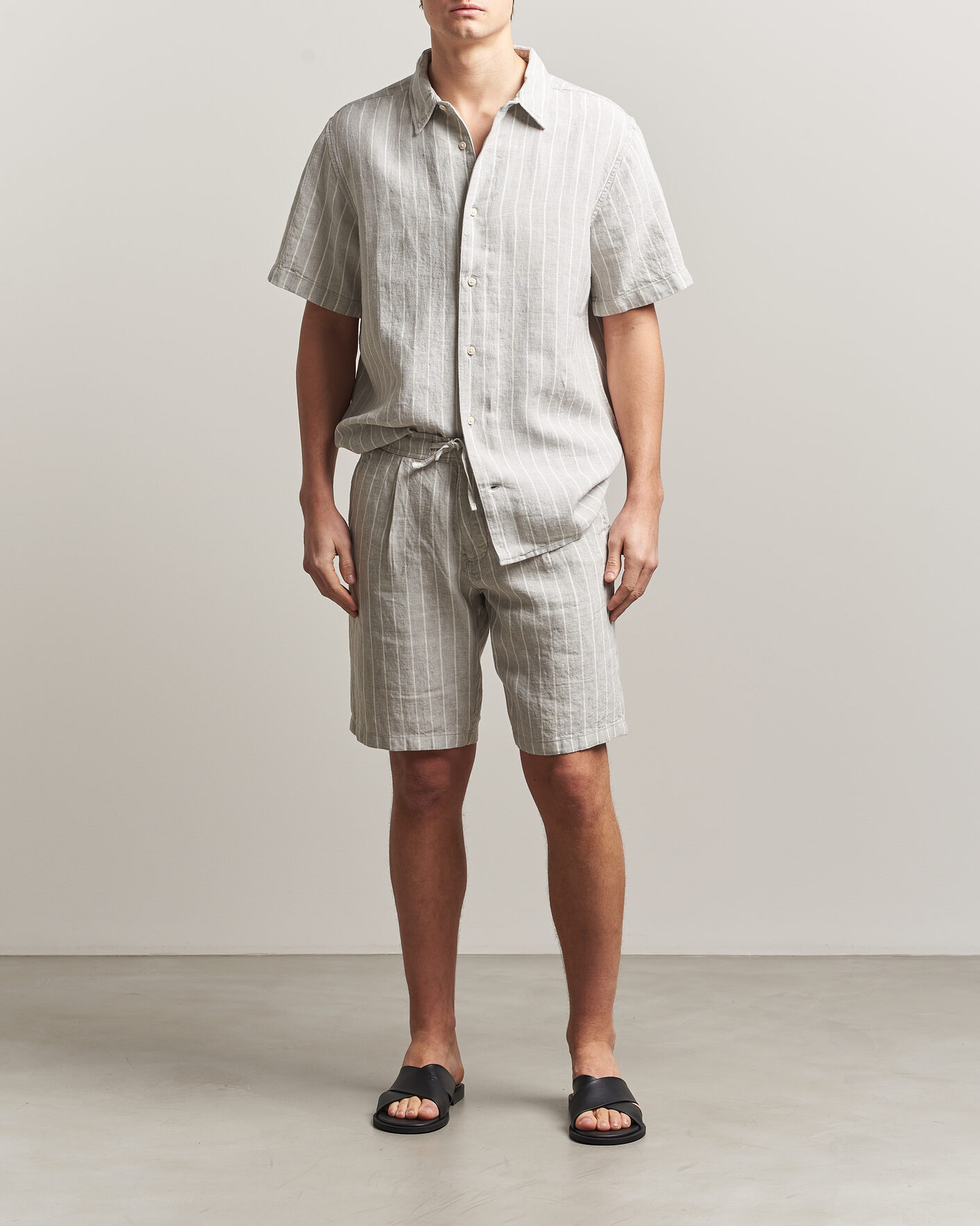 Men | Shirts | KnowledgeCotton Apparel | Striped Linen Resort Shirt Grey