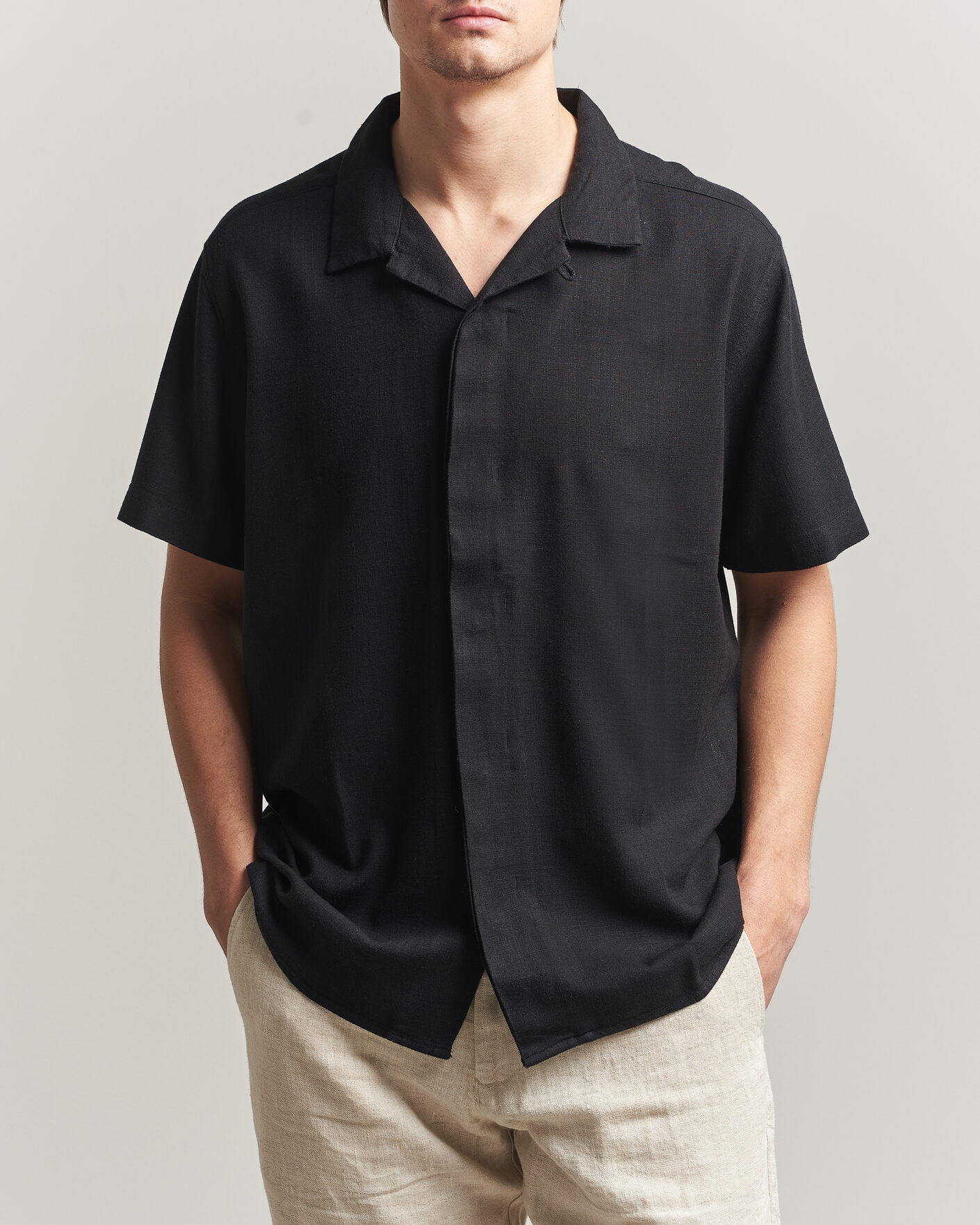 Men | Shirts | KnowledgeCotton Apparel | Linen/Lyocell Resort Shirt Black