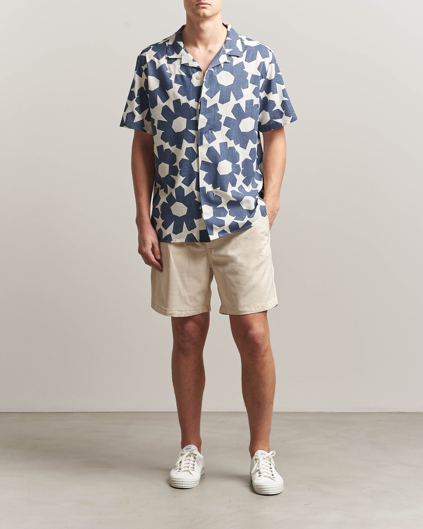 Men | Shirts | KnowledgeCotton Apparel | Printed Linen Mix Shirt Blue