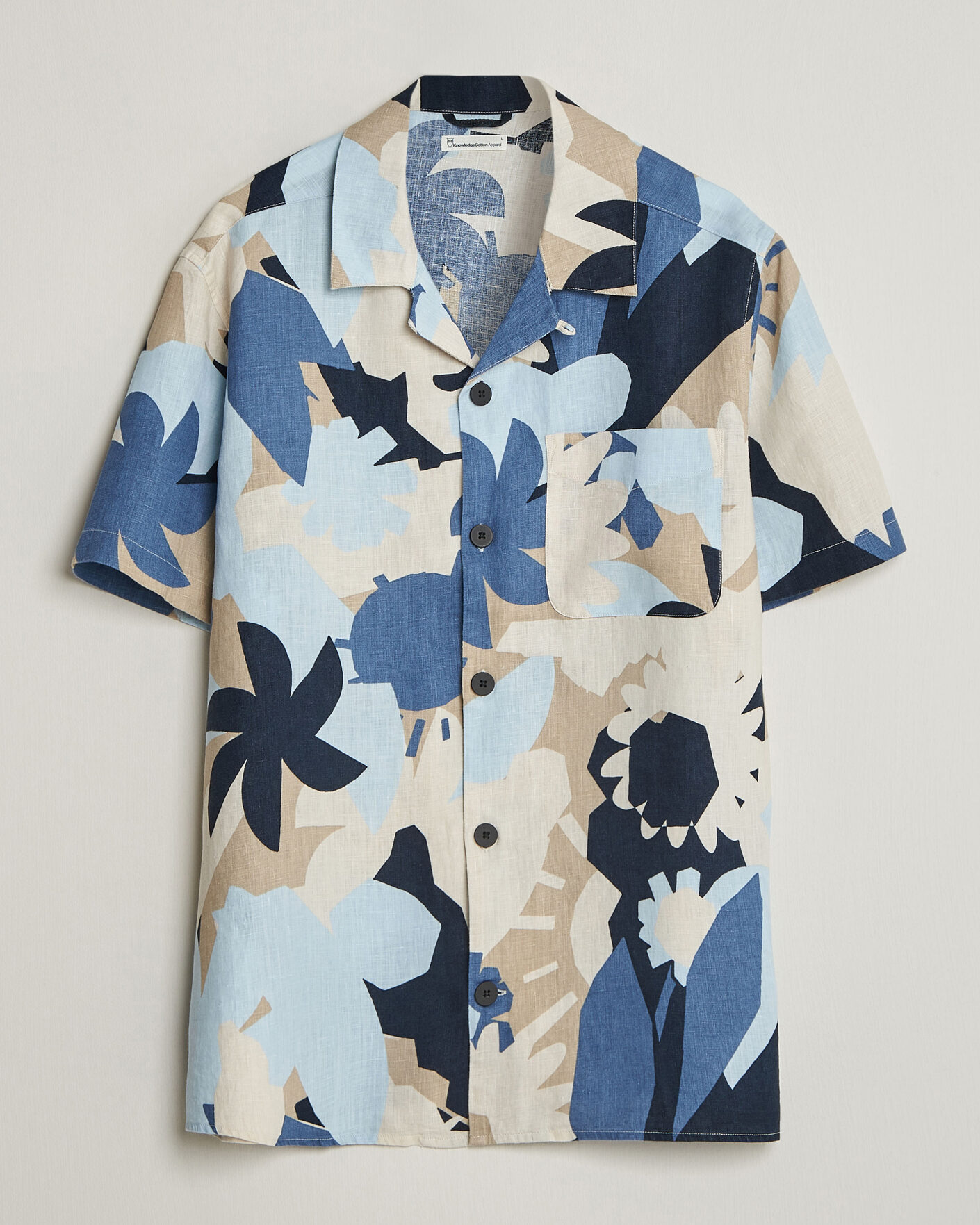 Men | Shirts | KnowledgeCotton Apparel | Relaxed Printed Linen Short Sleeve Shirt Blue
