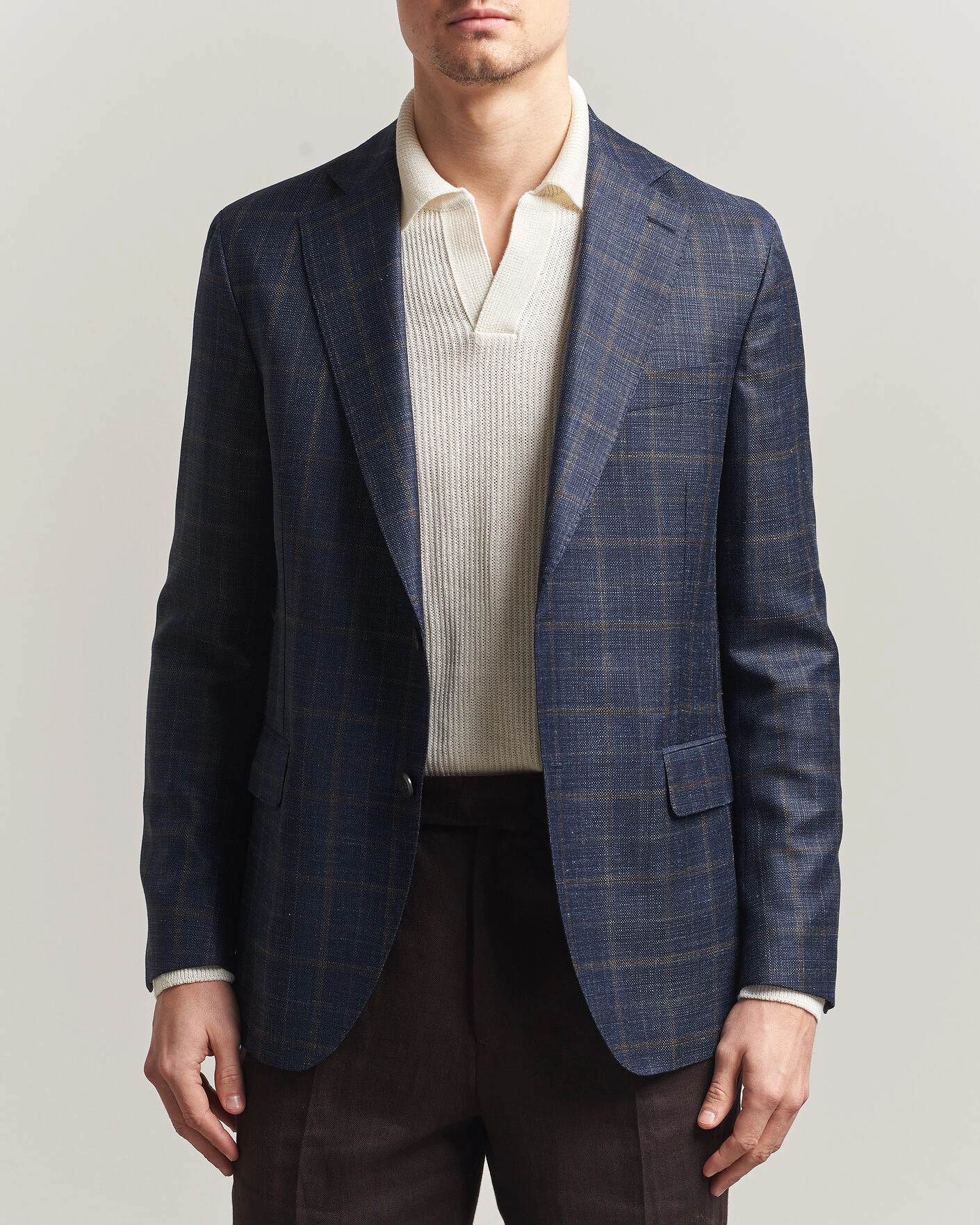 Men | Blazers | Oscar Jacobson | Ferry Patch Loro Piana Summertime Checked Blazer Navy