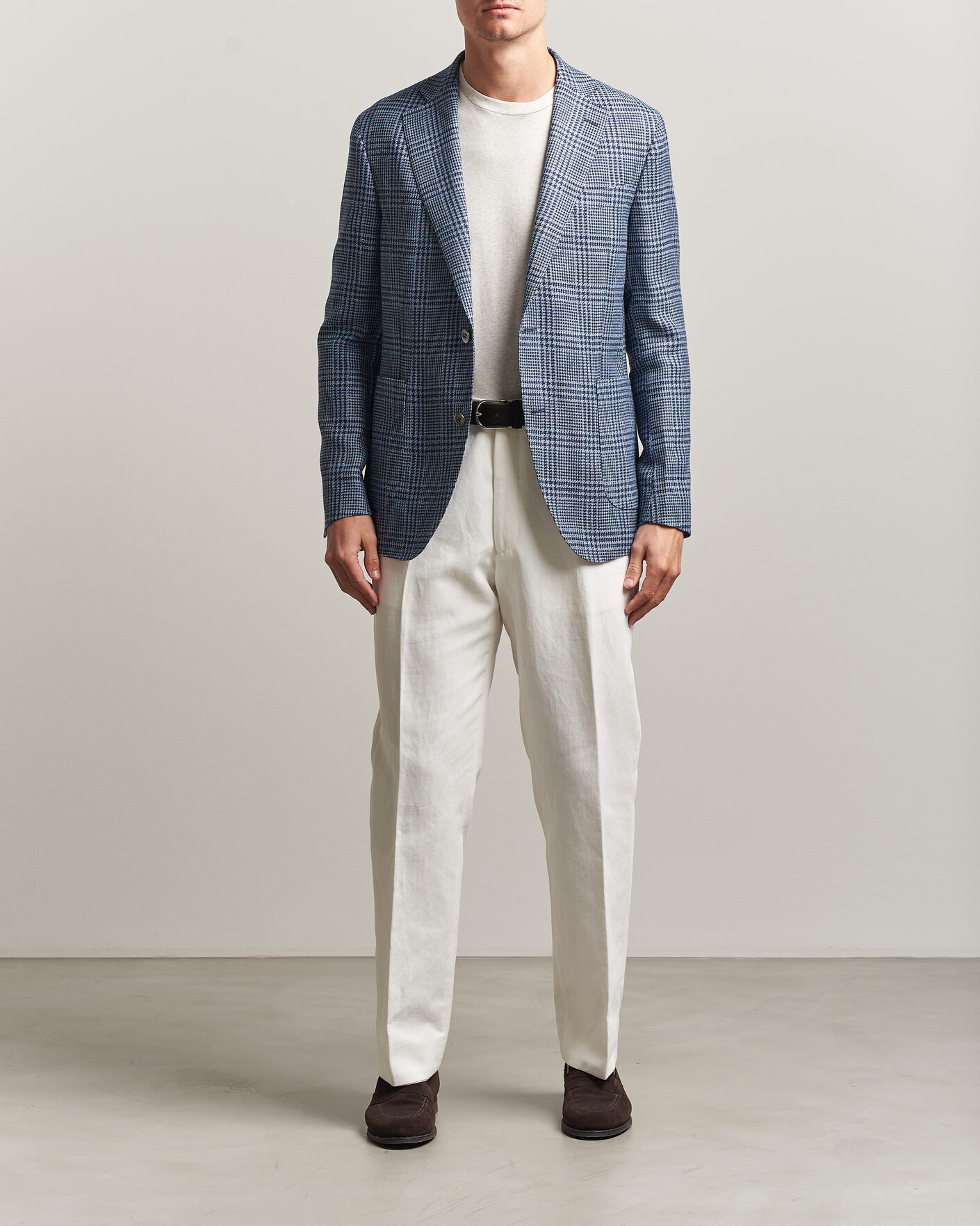 Men | Blazers | Oscar Jacobson | Ferry Patch Soft Checked Linen/Wool Blazer Blue