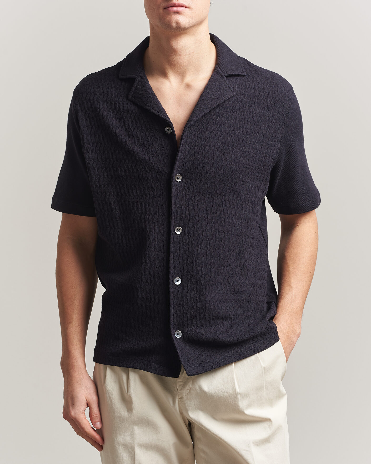 Men | Shirts | Oscar Jacobson | Kirk Knitted Short Sleeve Shirt Navy