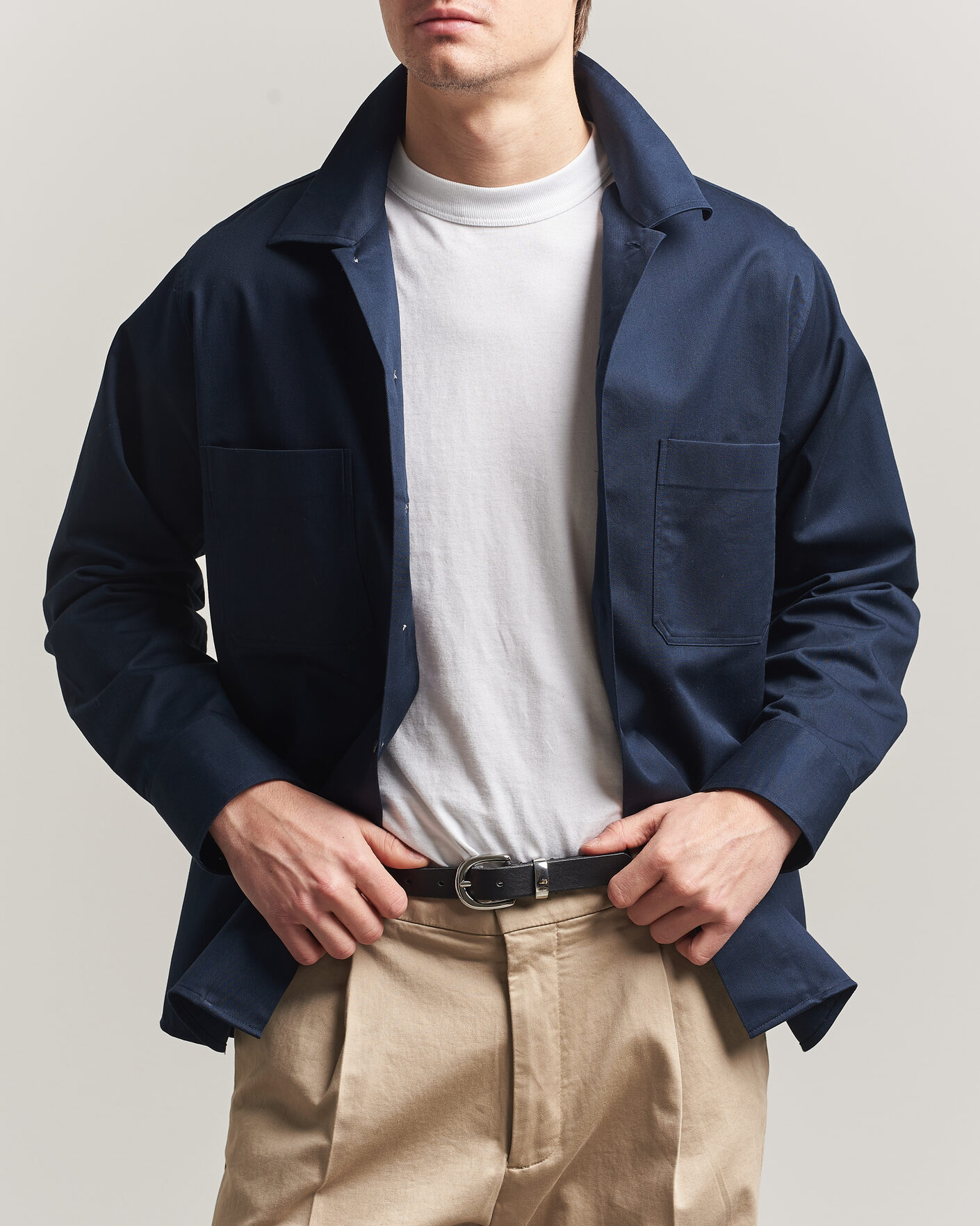 Men | Shirts | Oscar Jacobson | Straight Fit Bowling Collar Cotton Shirt Navy