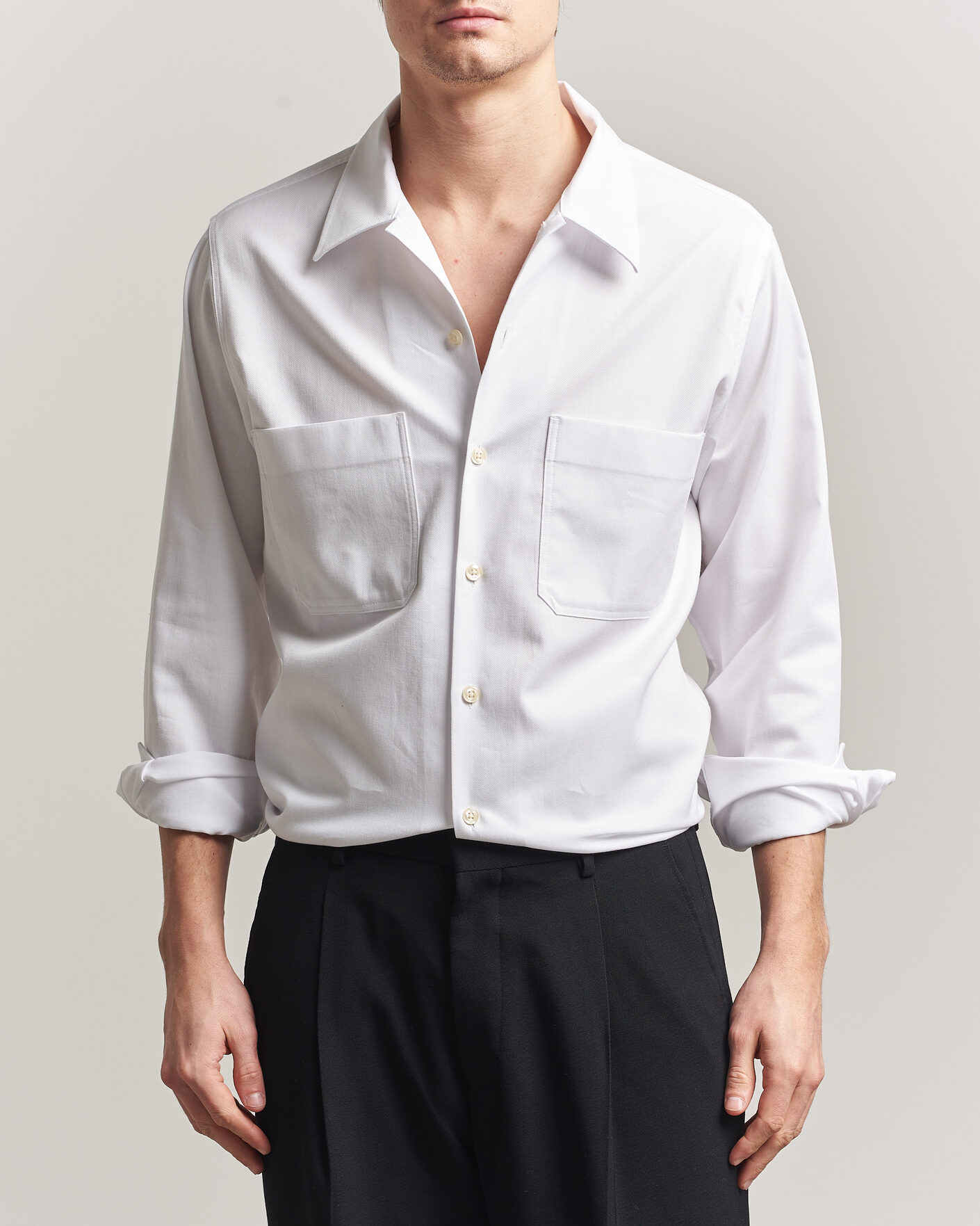 Men | Shirts | Oscar Jacobson | Straight Fit Bowling Collar Cotton Shirt White