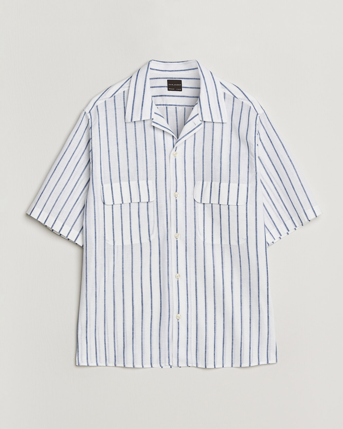 Men | Shirts | Oscar Jacobson | Striped Short Sleeve Linen Shirt Navy/White