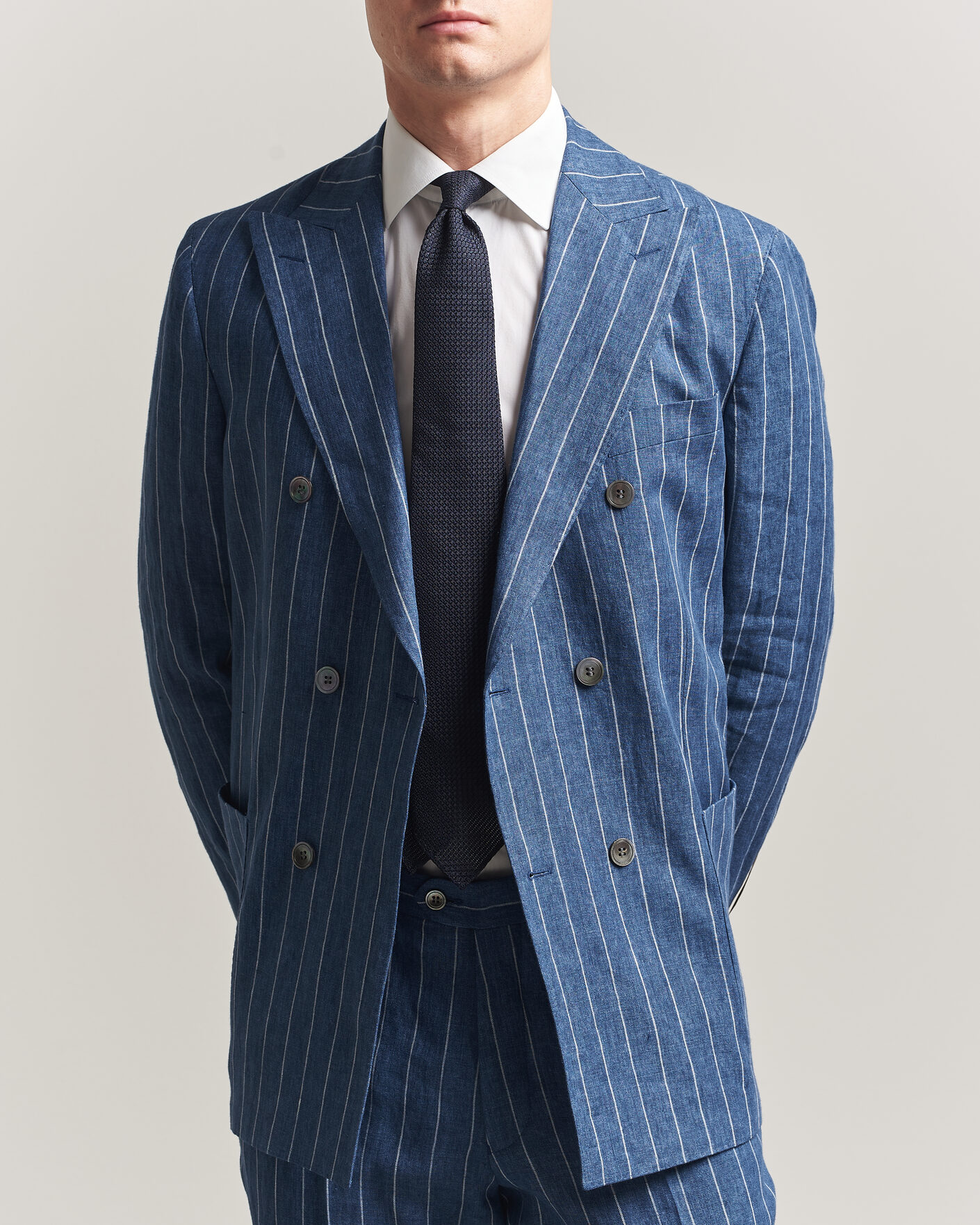 Men | Blazers | Oscar Jacobson | Farrys Patch Striped Linen Blazer Blue