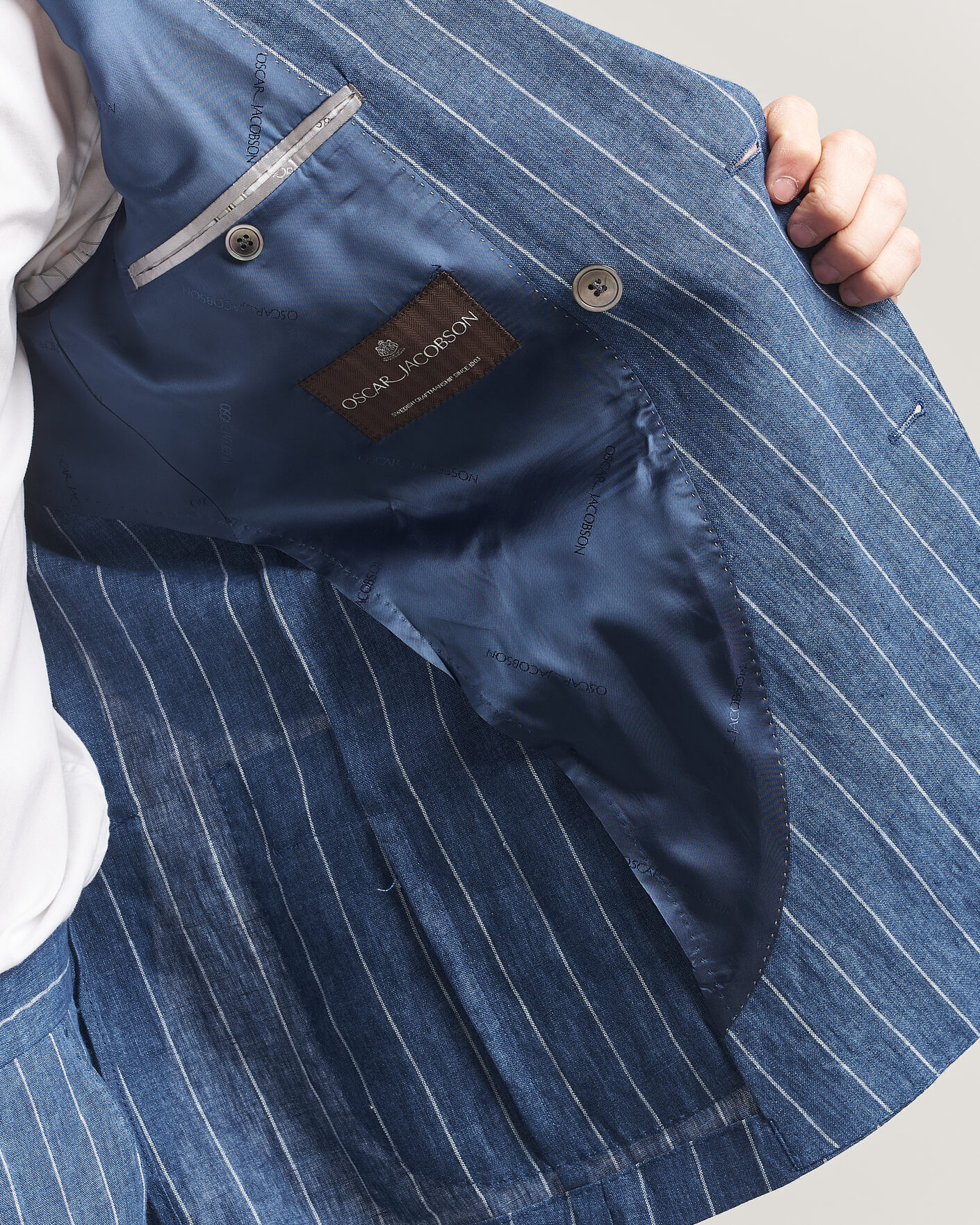 Men | Blazers | Oscar Jacobson | Farrys Patch Striped Linen Blazer Blue