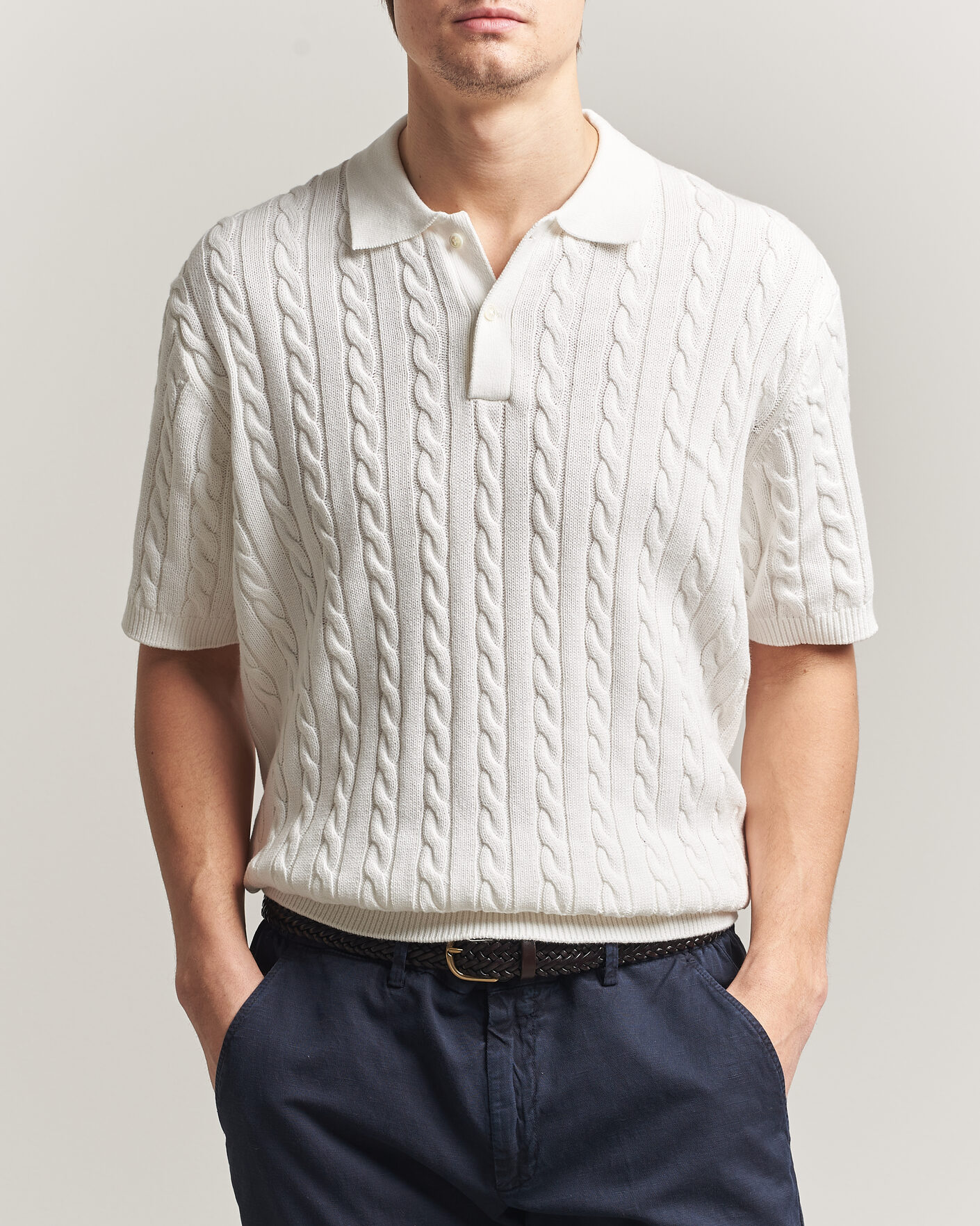 BEAMS PLUS Short Sleeve Cable Polo White at CareOfCarl.com