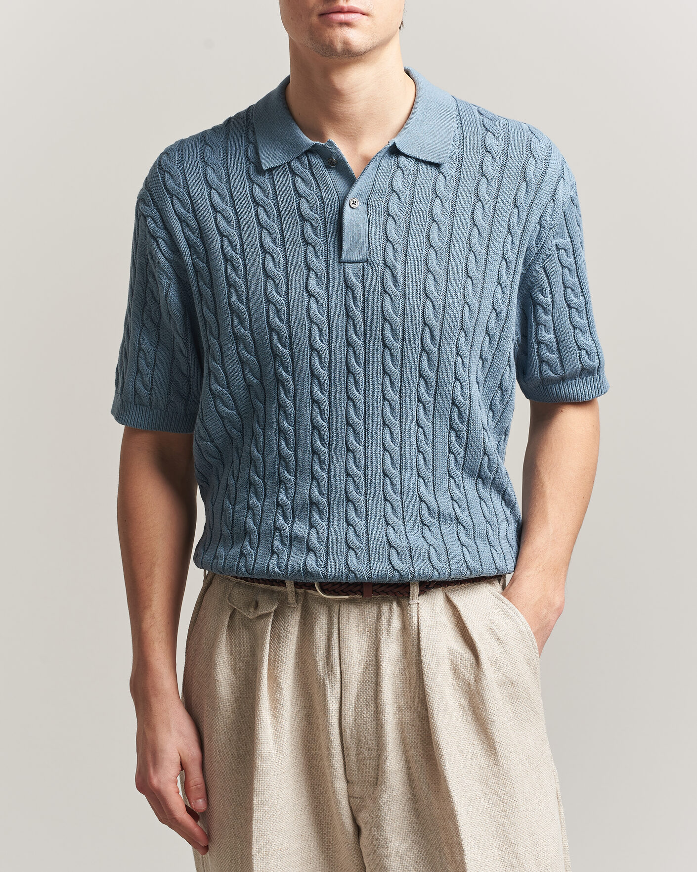 Men | Polo Shirts | BEAMS PLUS | Short Sleeve Cable Polo Blue