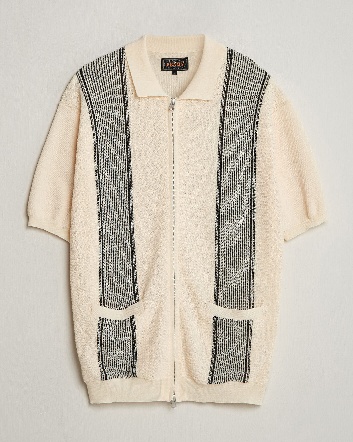 Men | Polo Shirts | BEAMS PLUS | Zip Knit Striped Polo Off White
