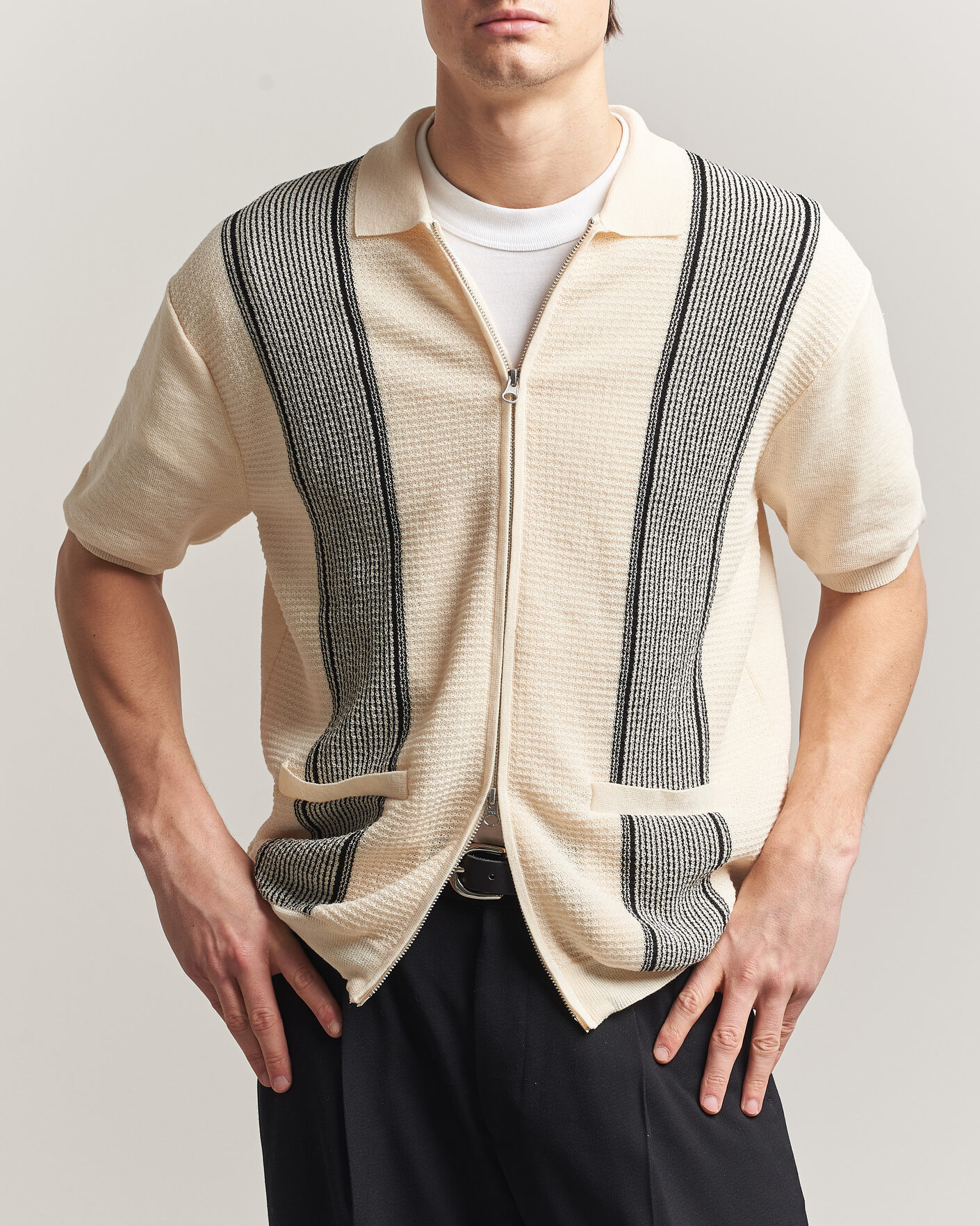 Men | Polo Shirts | BEAMS PLUS | Zip Knit Striped Polo Off White